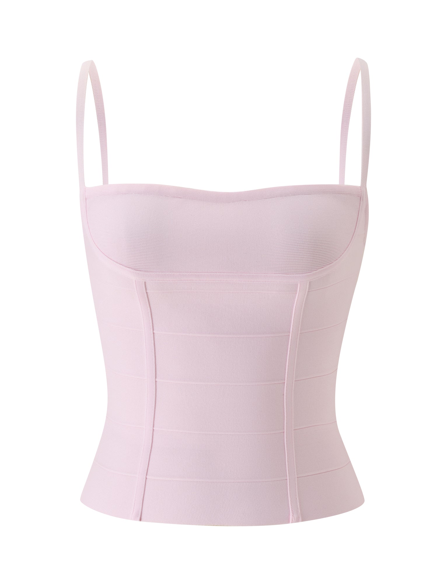 The TAHNIA BANDAGE TOP in Ballet Pink by TIGERMIST features a light pink hue, sleeveless bodycon fit, corset-style design with thin spaghetti straps, a structured bodice, and vertical seam detailing on the front, shown isolated on a white background.