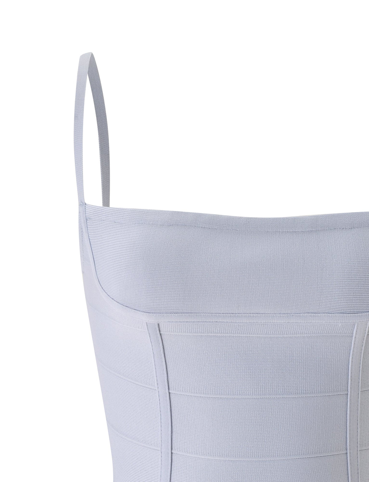 Close-up of the TIGERMIST TAHNIA BANDAGE TOP in dove grey, featuring a fitted, sleeveless design with thin shoulder straps and horizontal seam detailing that hints at a subtle corset style. Only the upper part of the top is shown against a white background.