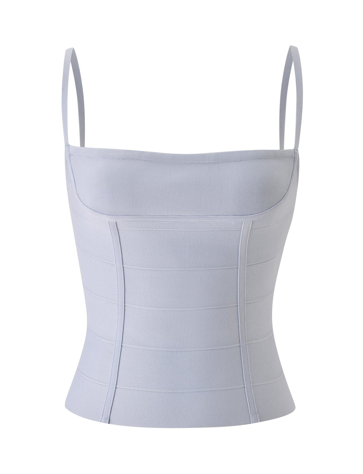 The TAHNIA BANDAGE TOP by TIGERMIST features a dove grey, fitted, sleeveless bandage crop design with thin spaghetti straps and vertical seam detailing on the front for a subtle corset-inspired effect, displayed against a white background.