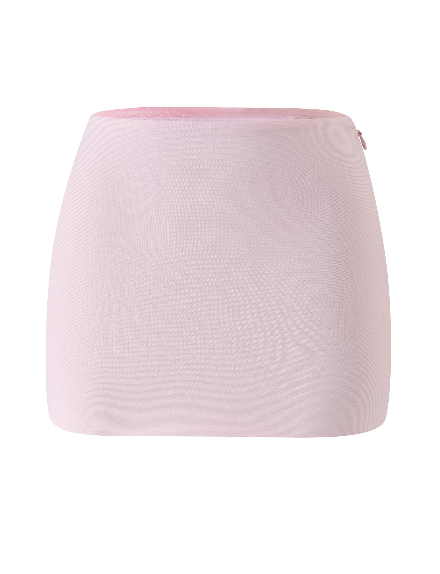 The TAHNIA BANDAGE MINI SKIRT in Ballet Pink by TIGERMIST is a light pink, high-waisted bodycon mini skirt crafted from sculpting bandage material with a smooth texture and a subtle side zipper, displayed against a white background.