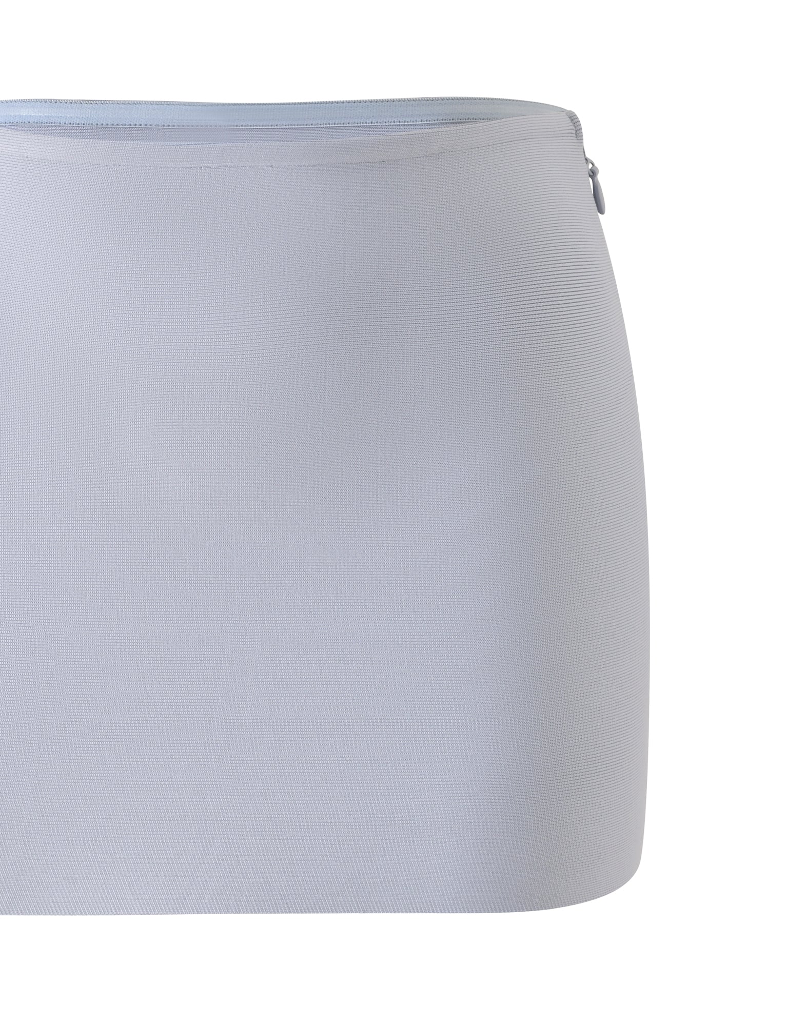 TAHNIA BANDAGE MINI SKIRT by TIGERMIST in dove grey features a bodycon fit, subtle textured pattern, side zipper, and seamless waistband, displayed on a white background.