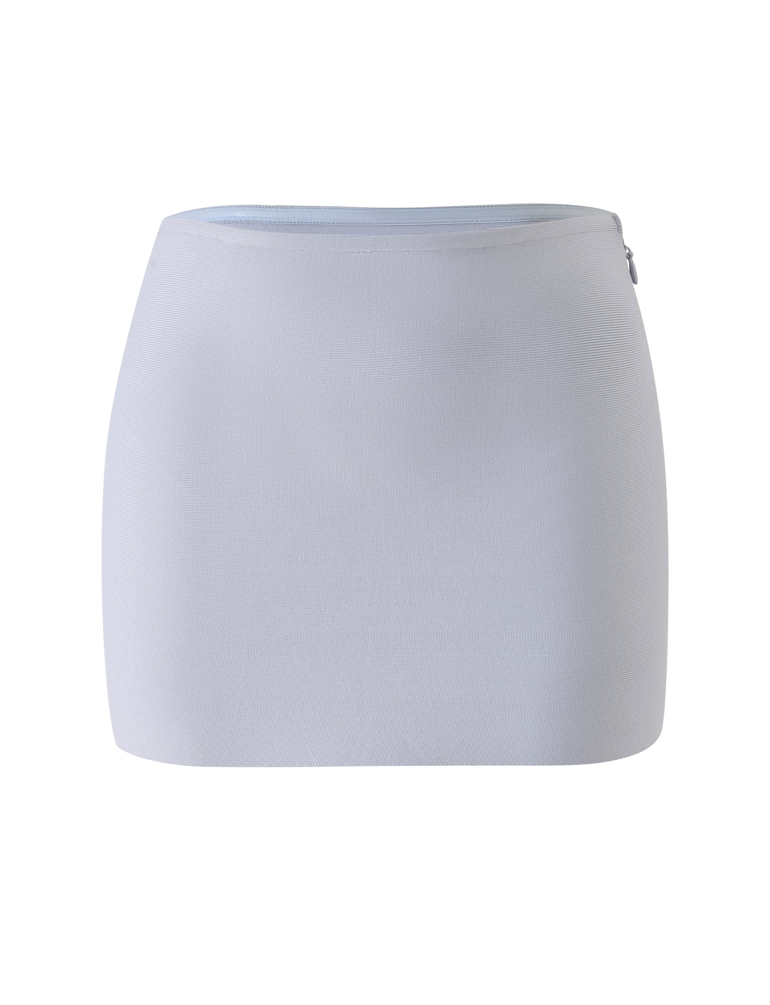 The TAHNIA BANDAGE MINI SKIRT by TIGERMIST features a dove grey hue, a high-waisted silhouette, and a sleek bodycon fit with a side zipper. It is displayed against a plain white background.
