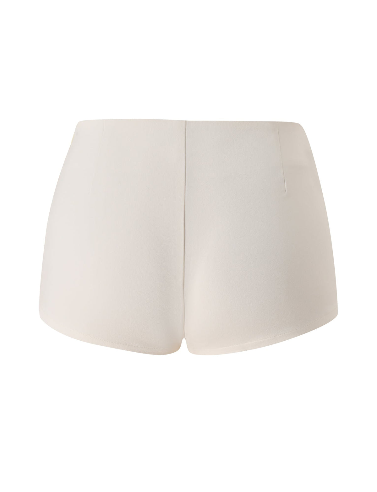 Back view of the TIGERMIST KITTIE BUCKLE SHORT in cream, a high-waisted pair crafted from stretch suiting fabric, displayed against a white background.