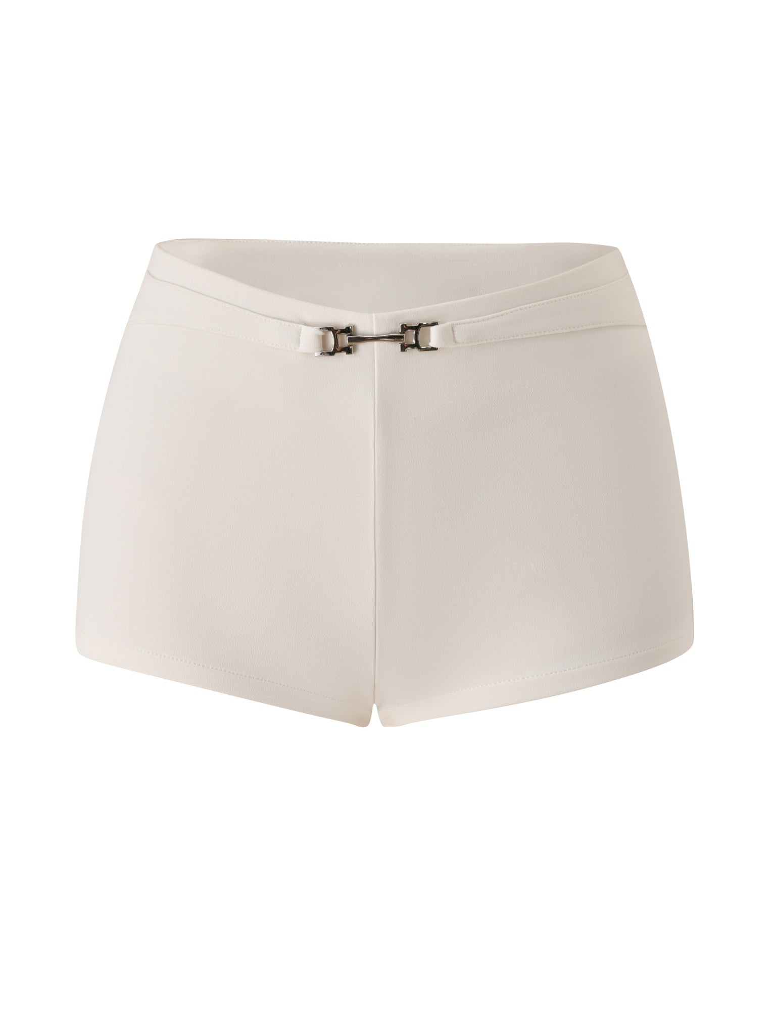 Discover the KITTIE BUCKLE SHORT - CREAM by TIGERMIST: high-waisted, cream mini shorts with a fitted silhouette crafted from stretch suiting fabric for comfortable movement. Inspired by the Kittie Buckle Pant, these plain shorts feature double belt-style buckles at the front waist and offer a sleek look with no visible pockets or patterns.