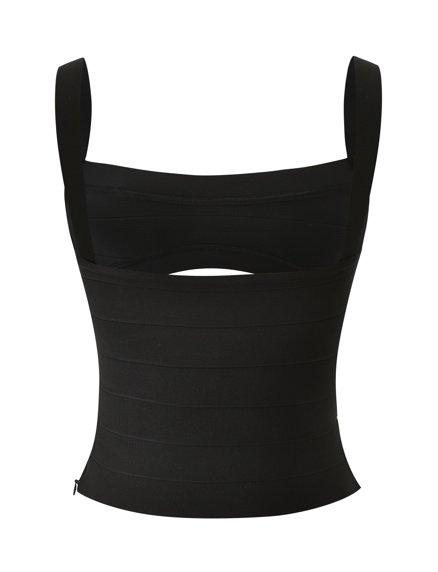 The LIEL BANDAGE TOP - BLACK by TIGERMIST is a black, sleeveless crop top with wide shoulder straps and a horizontal cutout below the bust. Featuring a fitted, bodycon silhouette, this top is perfect for date nights. Shown on a white background.