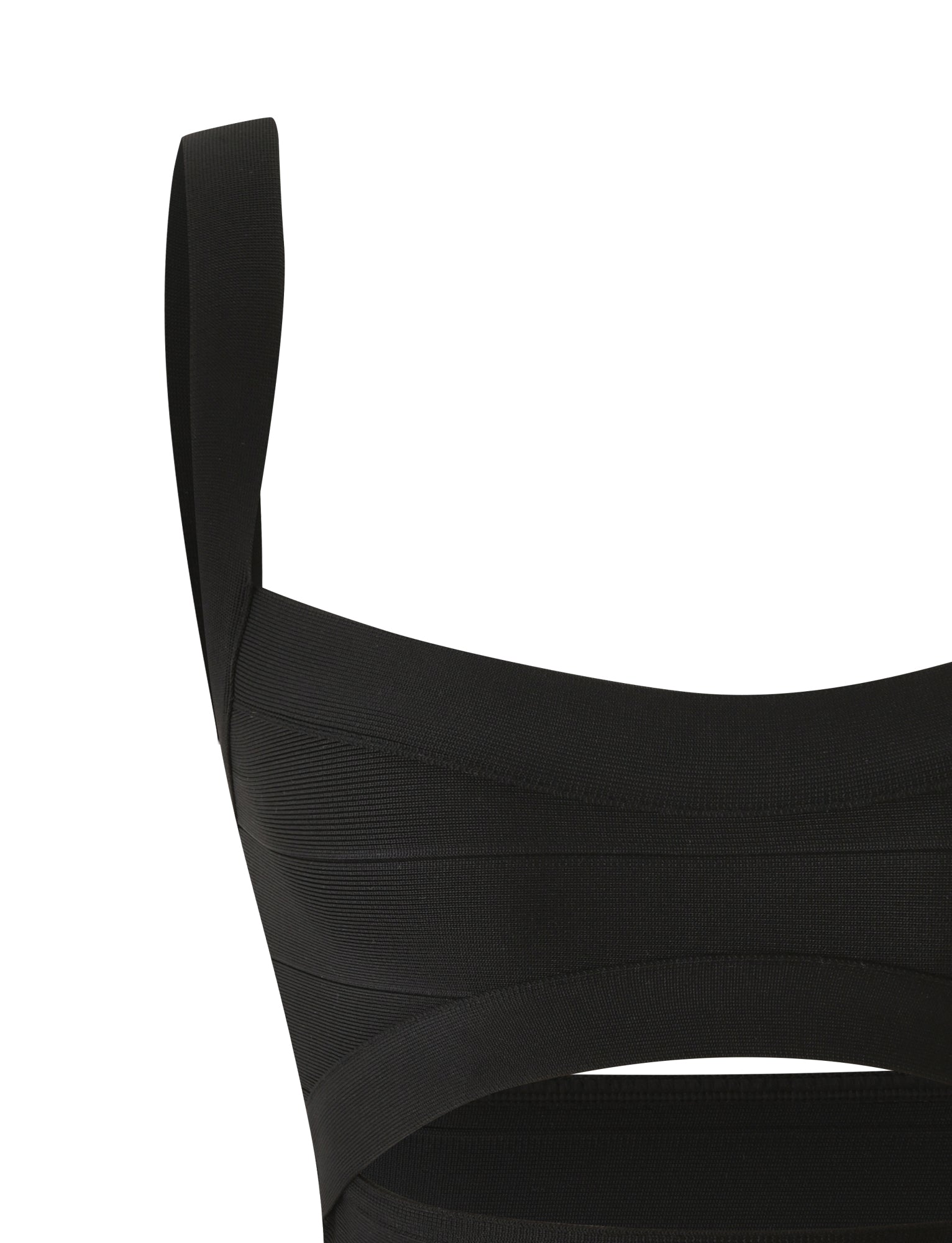 A close-up of the LIEL BANDAGE TOP in black by TIGERMIST, featuring wide straps and a fitted, bodycon silhouette that accentuates the upper chest and shoulders—ideal for a sleek date night look.