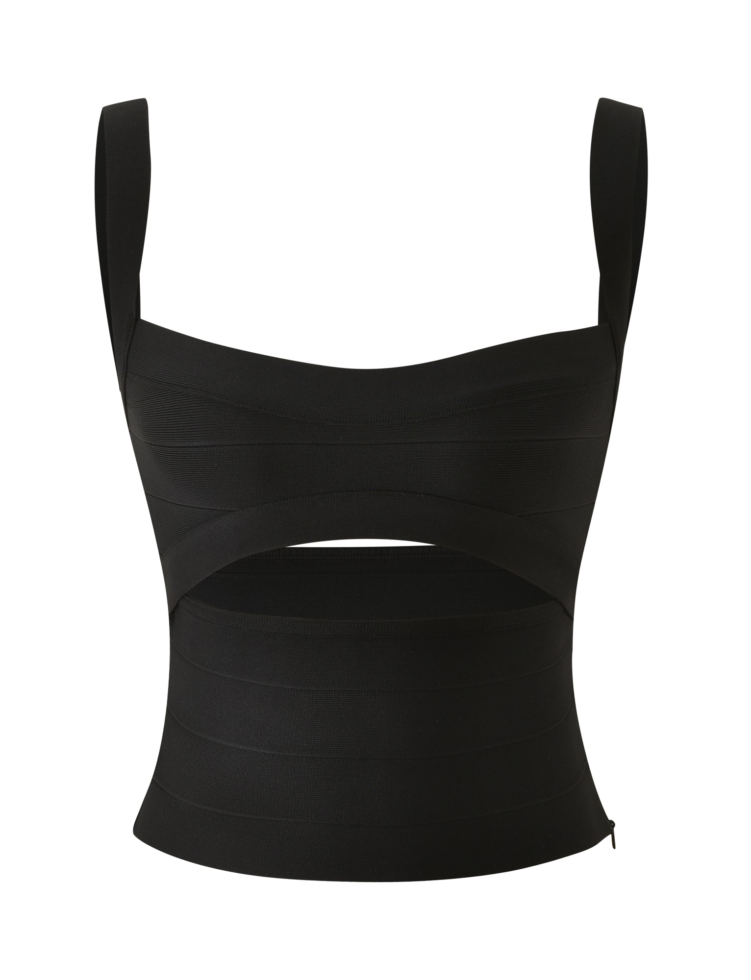 Introducing the LIEL BANDAGE TOP - BLACK by TIGERMIST: a chic, form-fitting black bandage top designed with wide straps, a sleeveless style, and a striking front cutout below the bust—making it the perfect statement piece for your next date night.