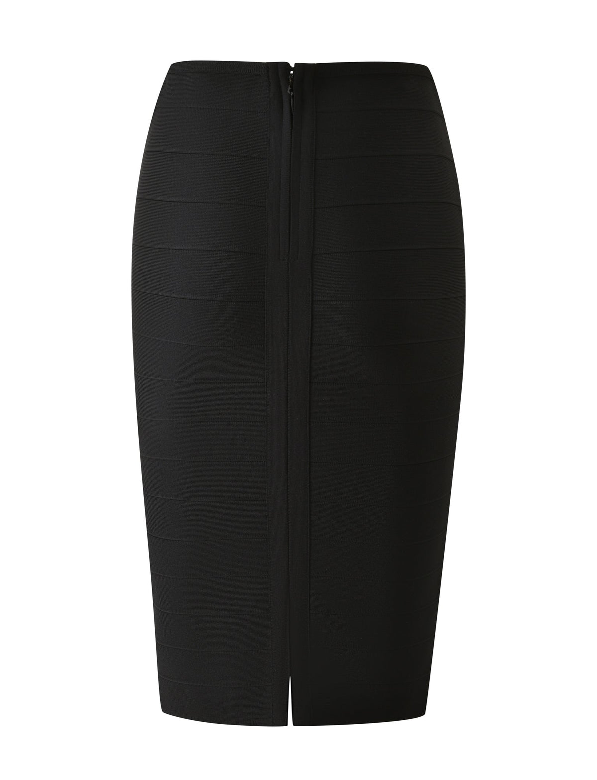 The LIEL BANDAGE MIDI SKIRT in black by TIGERMIST is a knee-length pencil skirt made from sculpting bandage material, featuring a back zipper and a small rear slit, shown against a white background.