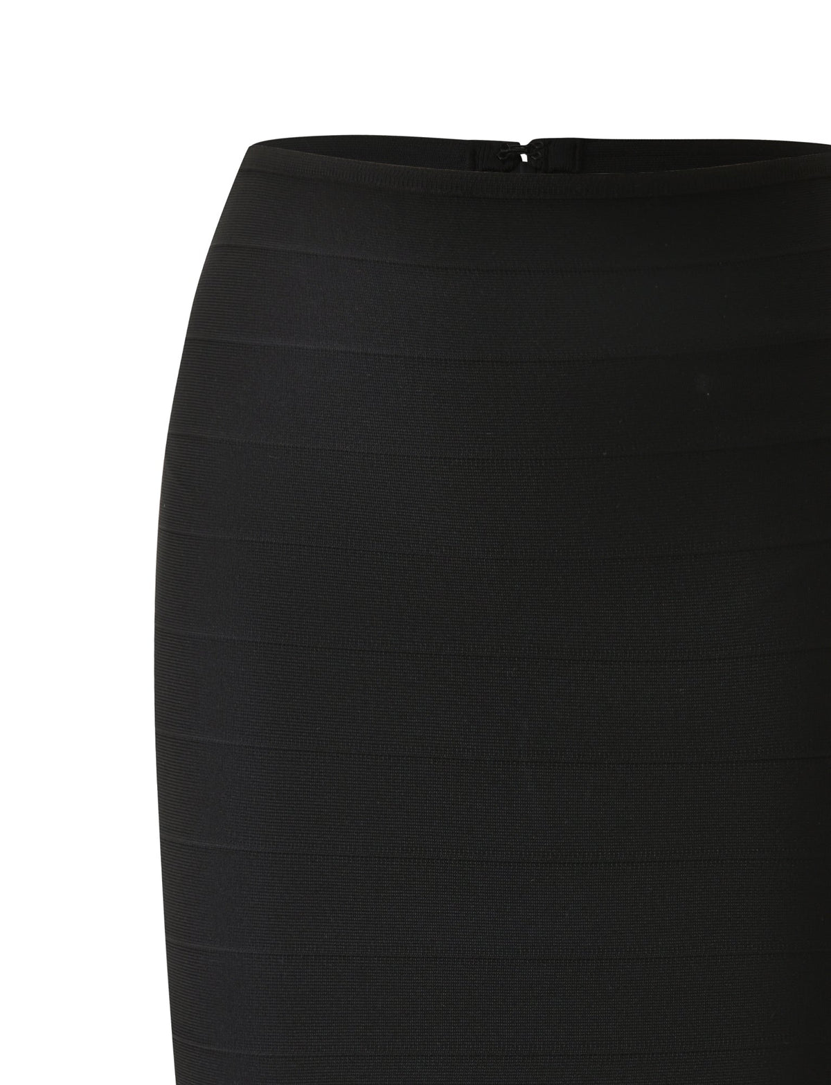 A close-up of the LIEL BANDAGE MIDI SKIRT - BLACK by TIGERMIST, showcasing its high-waisted, bodycon silhouette with horizontal textured lines and a visible back zipper at the waistband. Crafted from sculpting bandage material, this skirt delivers both structure and style.