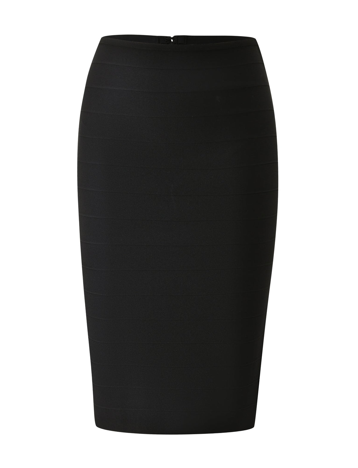 The LIEL BANDAGE MIDI SKIRT by TIGERMIST is a black, high-waisted midi skirt with a bodycon fit, crafted from sculpting bandage material and displayed against a white background.