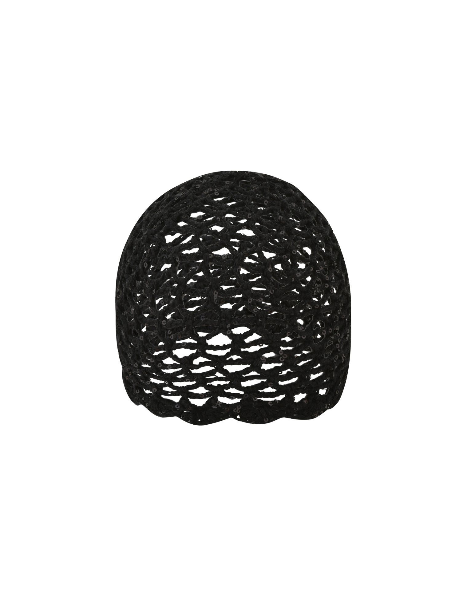 The STEVIE CROCHET CAP - BLACK by TIGERMIST is a sheer, black skullcap featuring an open, lacy crocheted pattern—making it a standout festival accessory, as shown against a plain white background.
