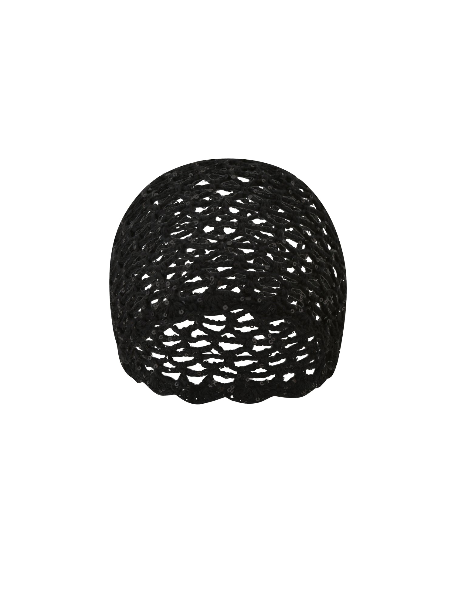 The STEVIE CROCHET CAP - BLACK by TIGERMIST is a round, sheer crochet cap featuring a lacy openwork pattern and delicate black sequins, shown from a slightly elevated angle against a white background. This stylish accessory perfectly blends elegance with playful flair, making it an ideal choice for festivals.