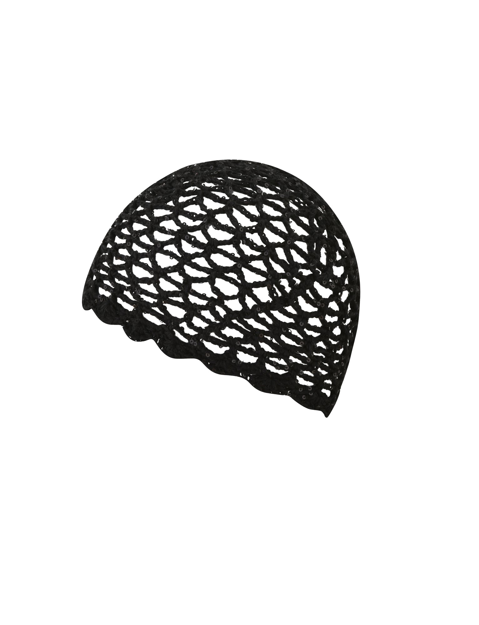 The STEVIE CROCHET CAP - BLACK by TIGERMIST is a sheer, black crocheted hairnet featuring an open, lacy pattern and scalloped edges, shown against a white background.