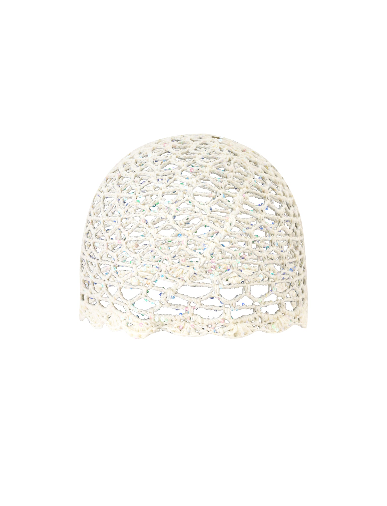 The STEVIE CROCHET CAP - CREAM by TIGERMIST features a cream, dome-shaped crocheted lace design with a delicate openwork pattern and a sheer scalloped edge, displayed against a plain white background—the perfect elegant festival accessory to elevate your look.