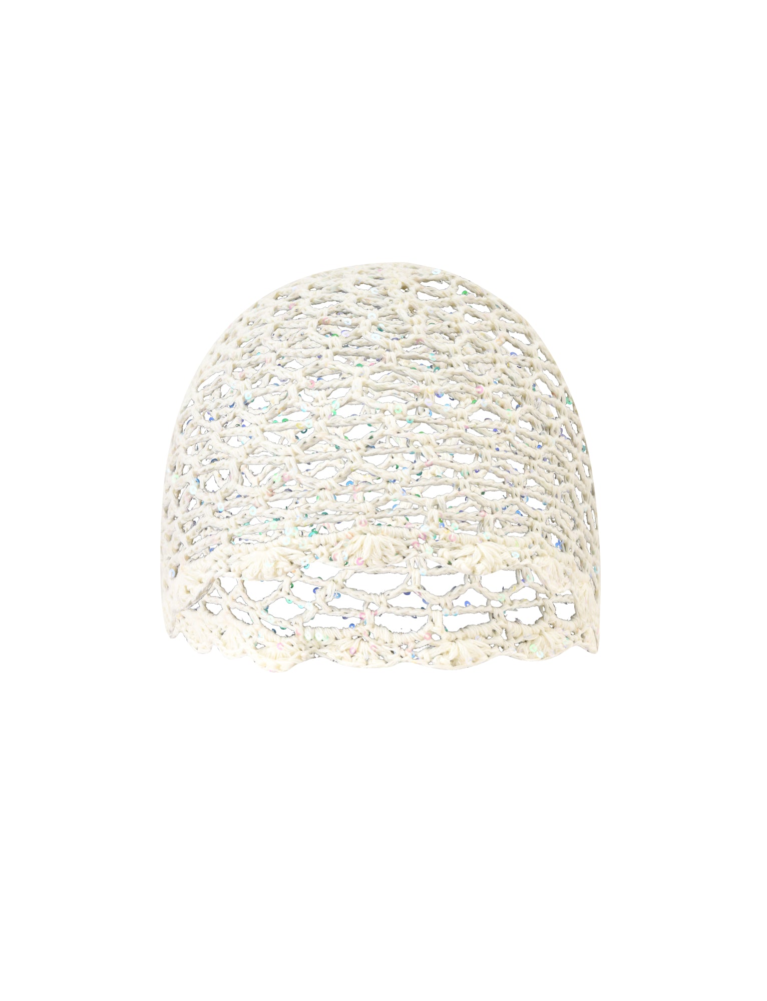 The STEVIE CROCHET CAP - CREAM by TIGERMIST is featured against a plain white background, showcasing its intricate open lace pattern and sheer scalloped edge—making it the perfect festival accessory.