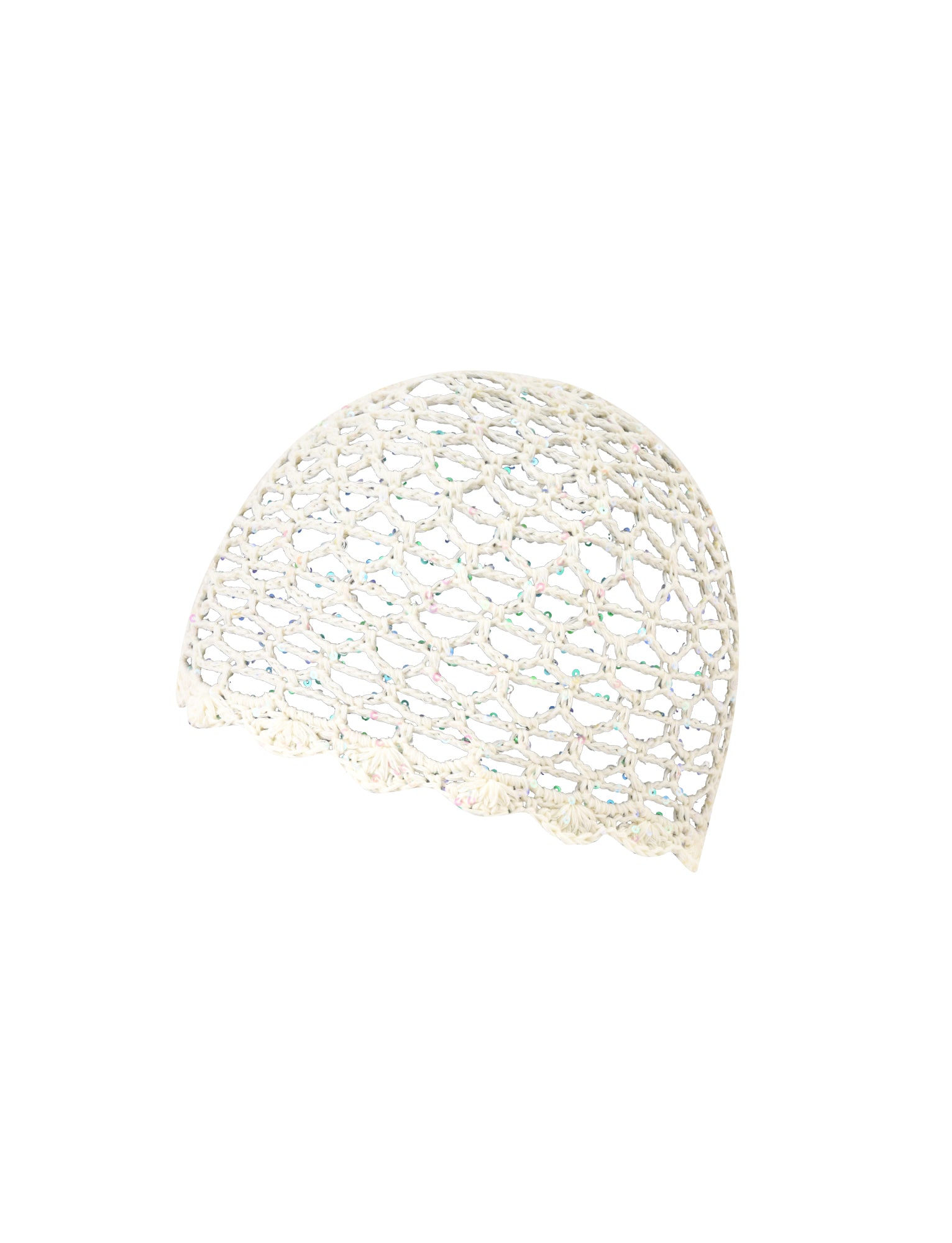 The STEVIE CROCHET CAP - CREAM by TIGERMIST is a cream-colored crocheted lace skullcap featuring a sheer scalloped edge, shown against a white background—an ideal choice for a distinctive festival accessory.
