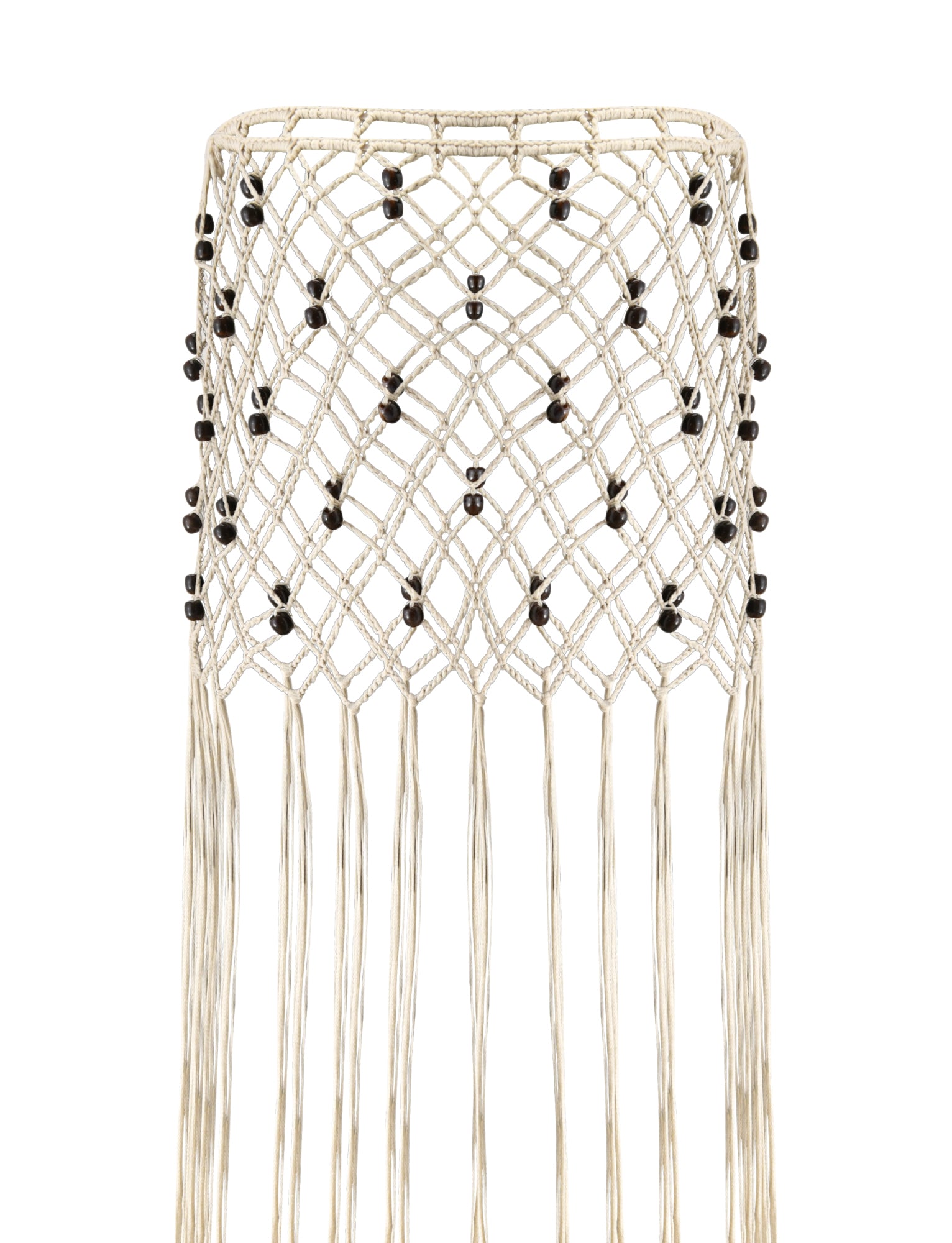 A cream-colored ARLO CROCHET COVER-UP by TIGERMIST features a diamond crochet pattern with black beads interwoven throughout, draping like a stylish cover-up with long fringe strands reminiscent of a fringe skirt, showcased against a white background.
