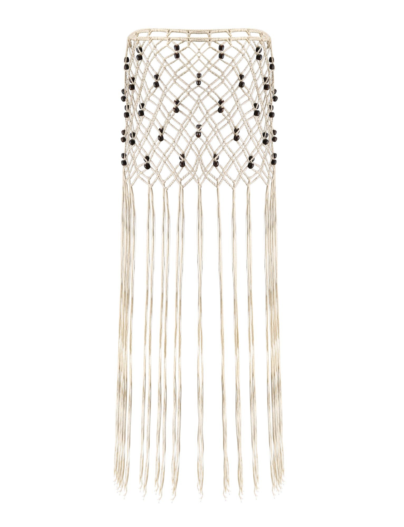 Bring the vibe of the TIGERMIST ARLO CROCHET COVER-UP - CREAM into your décor with this cream-colored macramé lampshade, featuring a diamond pattern, black bead accents, and long fringe that evokes the look of a chic cover-up or a stylish fringe skirt.