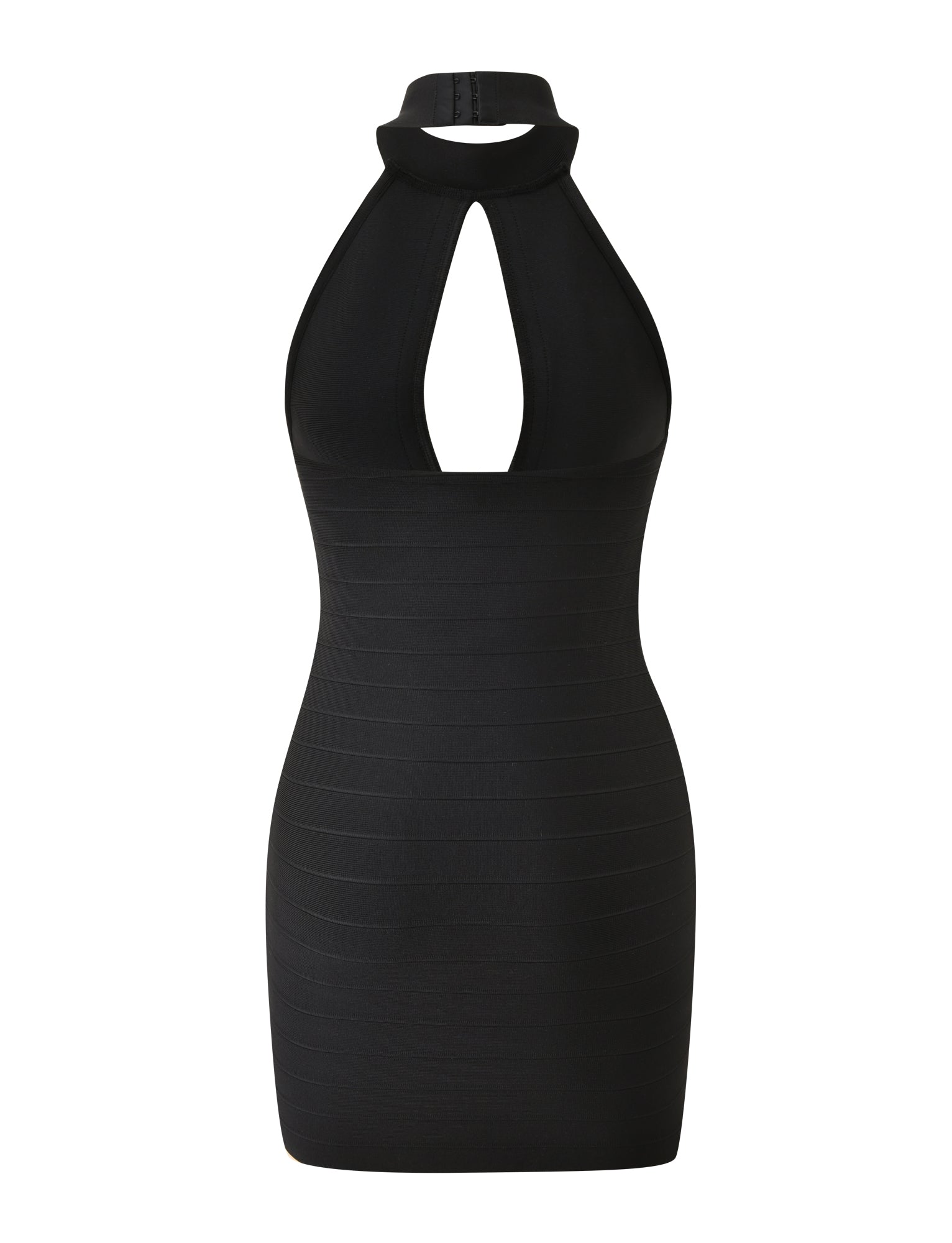 Sure! Here’s a rewritten sentence using the provided product data: The CARINA BANDAGE MINI DRESS by TIGERMIST is a sleeveless black mini dress featuring a halter neckline with keyhole detail and subtle horizontal lines for added texture. Its fitted, bandage-style silhouette hugs your curves, making it the perfect little black dress for any occasion.