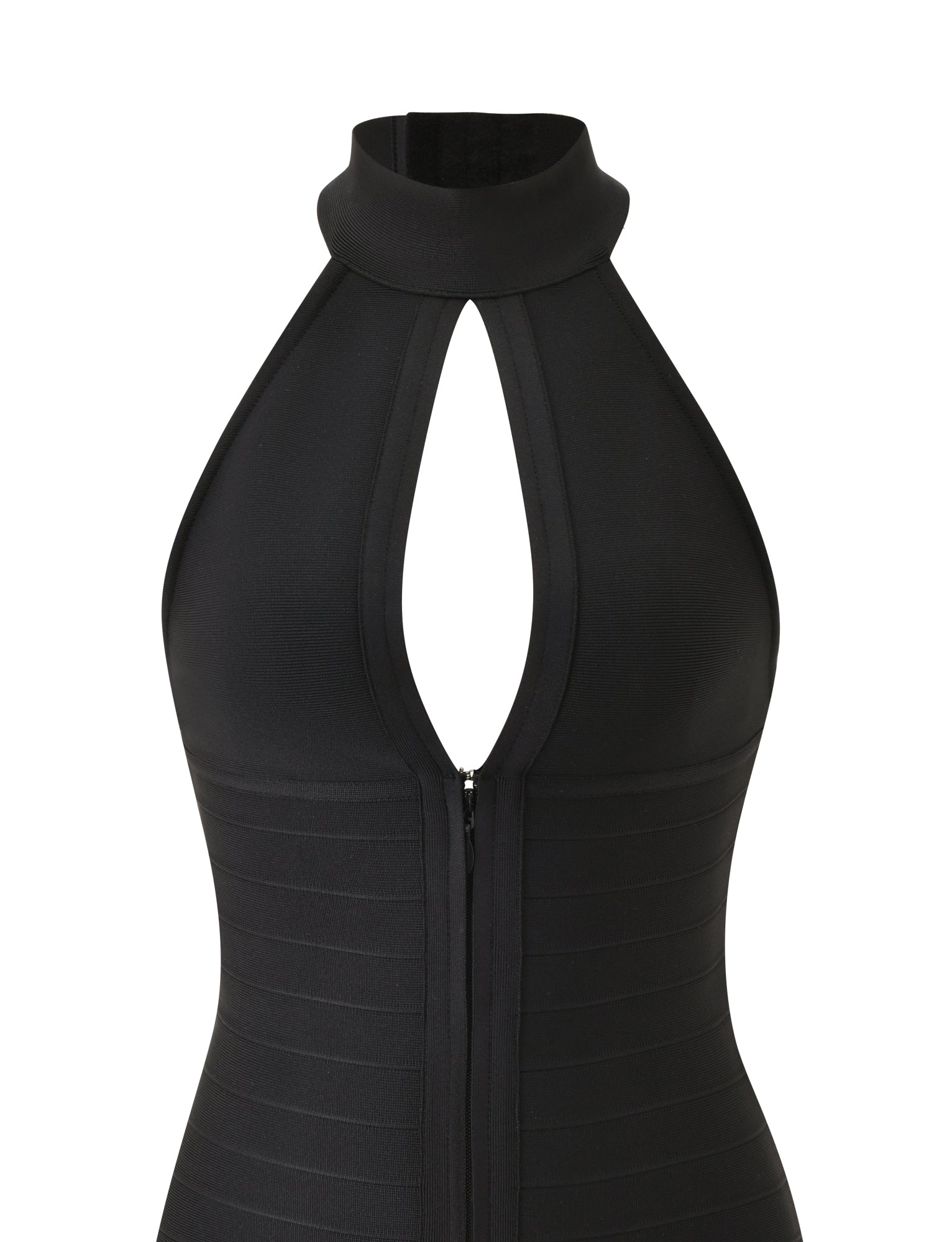 The CARINA BANDAGE MINI DRESS by TIGERMIST is a sleek black bodycon mini featuring a sleeveless design, high neckline, striking front keyhole cutout, and a visible front zipper down the bodice for a modern edge.