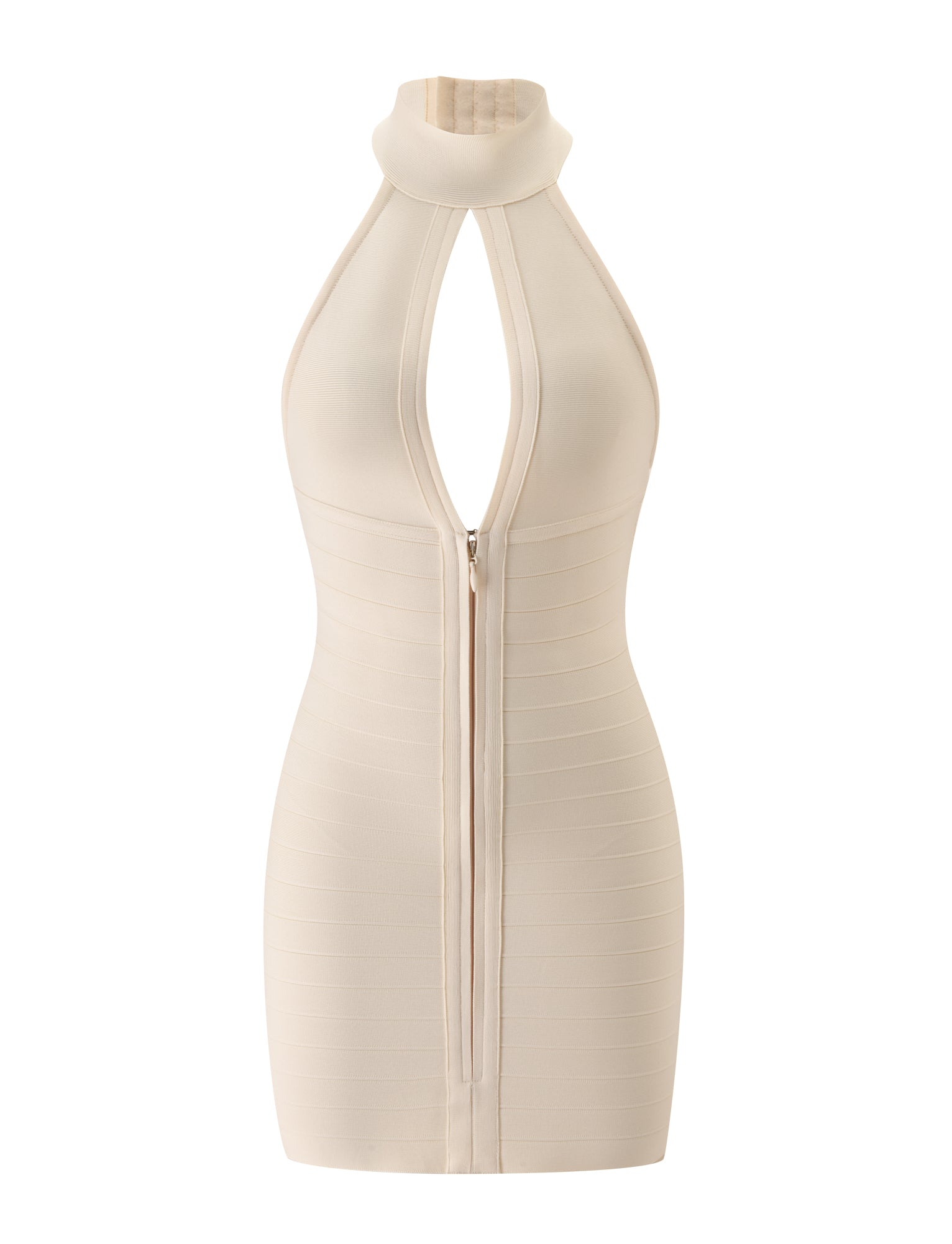 The CARINA BANDAGE MINI DRESS - CREAM by TIGERMIST is a sleeveless bodycon mini dress featuring a high neckline, front keyhole cutout, and front zipper. Crafted from ribbed fabric with horizontal lines for a flattering fit, this elegant style is perfect as a bridal shower dress.