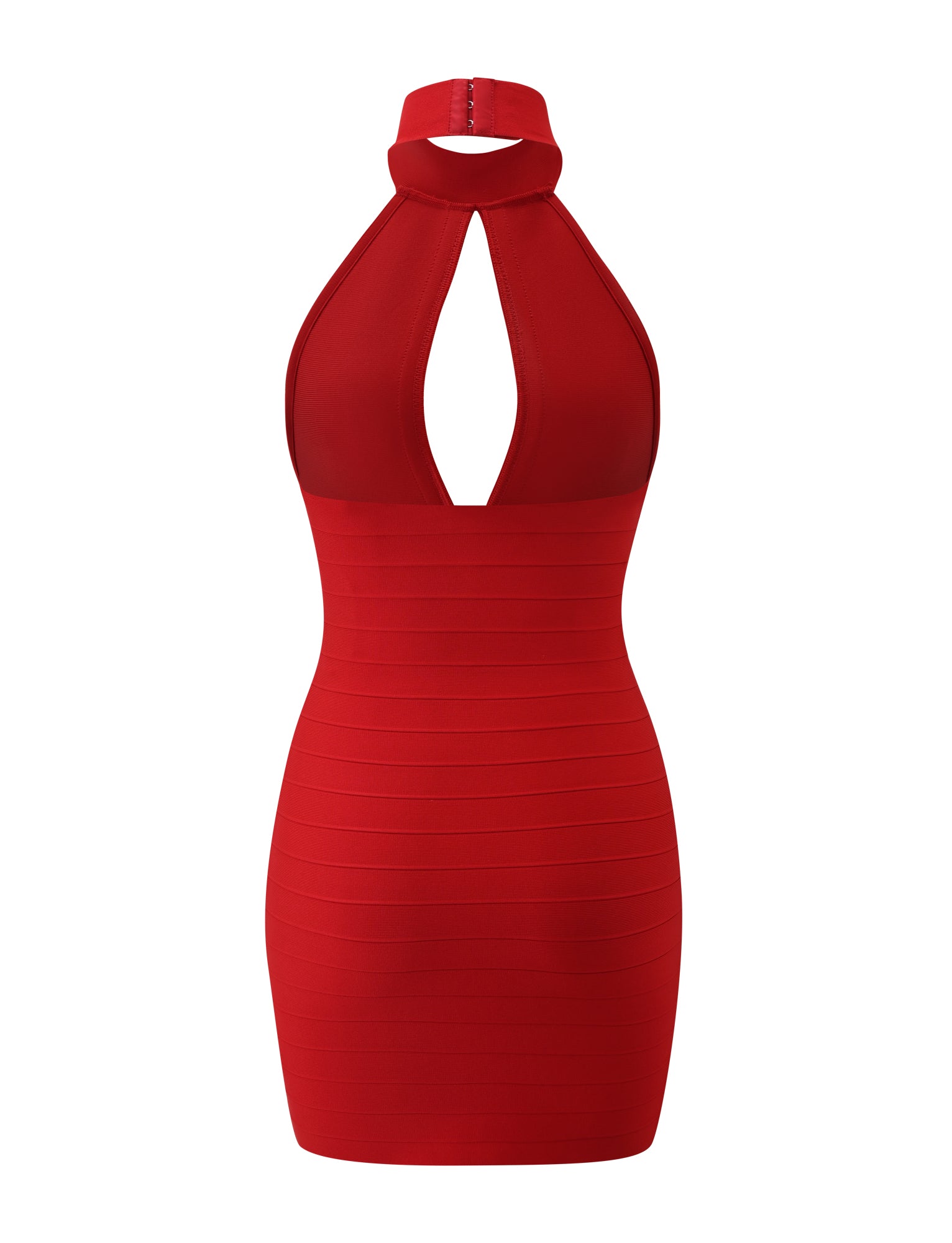 The CARINA BANDAGE MINI DRESS by TIGERMIST is a sleeveless, form-fitting red mini dress with a halter neckline and a front keyhole cutout. Designed with horizontal bandage-style panels and an above-the-knee length, it’s the perfect choice for a date night.