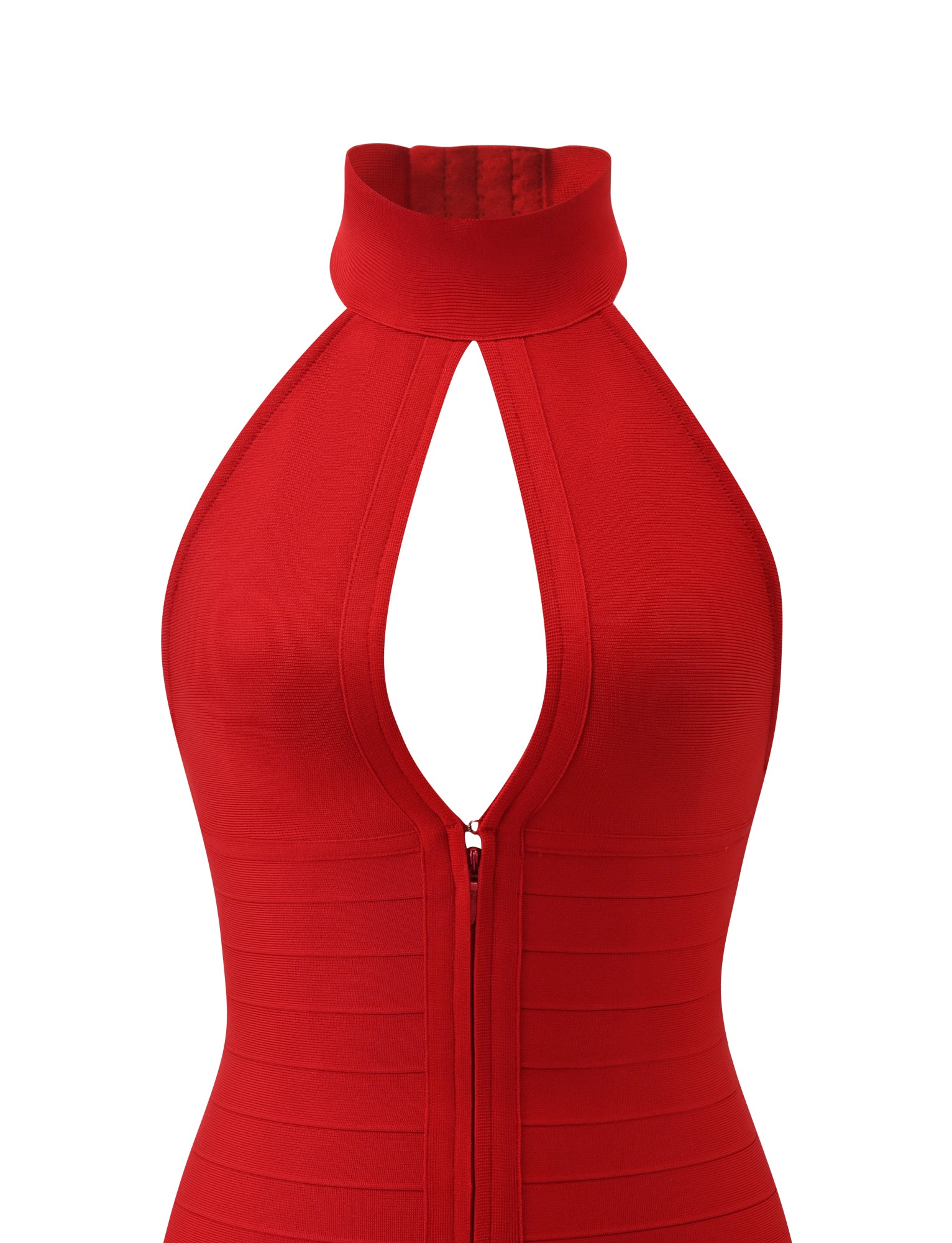 The CARINA BANDAGE MINI DRESS - RED by TIGERMIST is a sleeveless bodycon mini dress featuring a high collar, front keyhole cutout, vertical seam details, and a chic front center zipper—perfect for your next date night.
