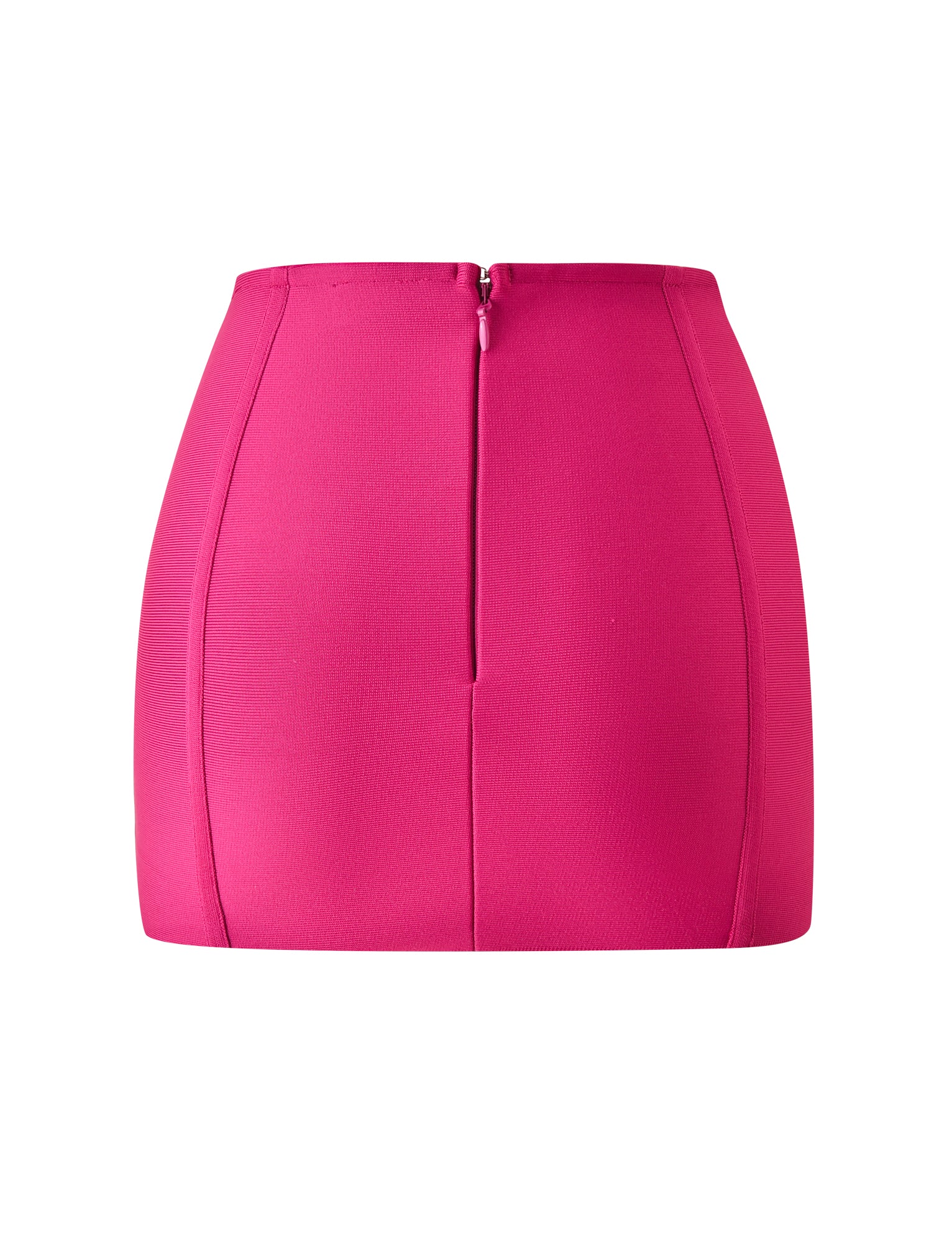 The EVA BANDAGE MINI SKIRT - MAGENTA by TIGERMIST is a magenta pink mini skirt with a bodycon fit, featuring a prominent center seam and back zipper closure—an essential for cocktail hour, displayed against a white background.