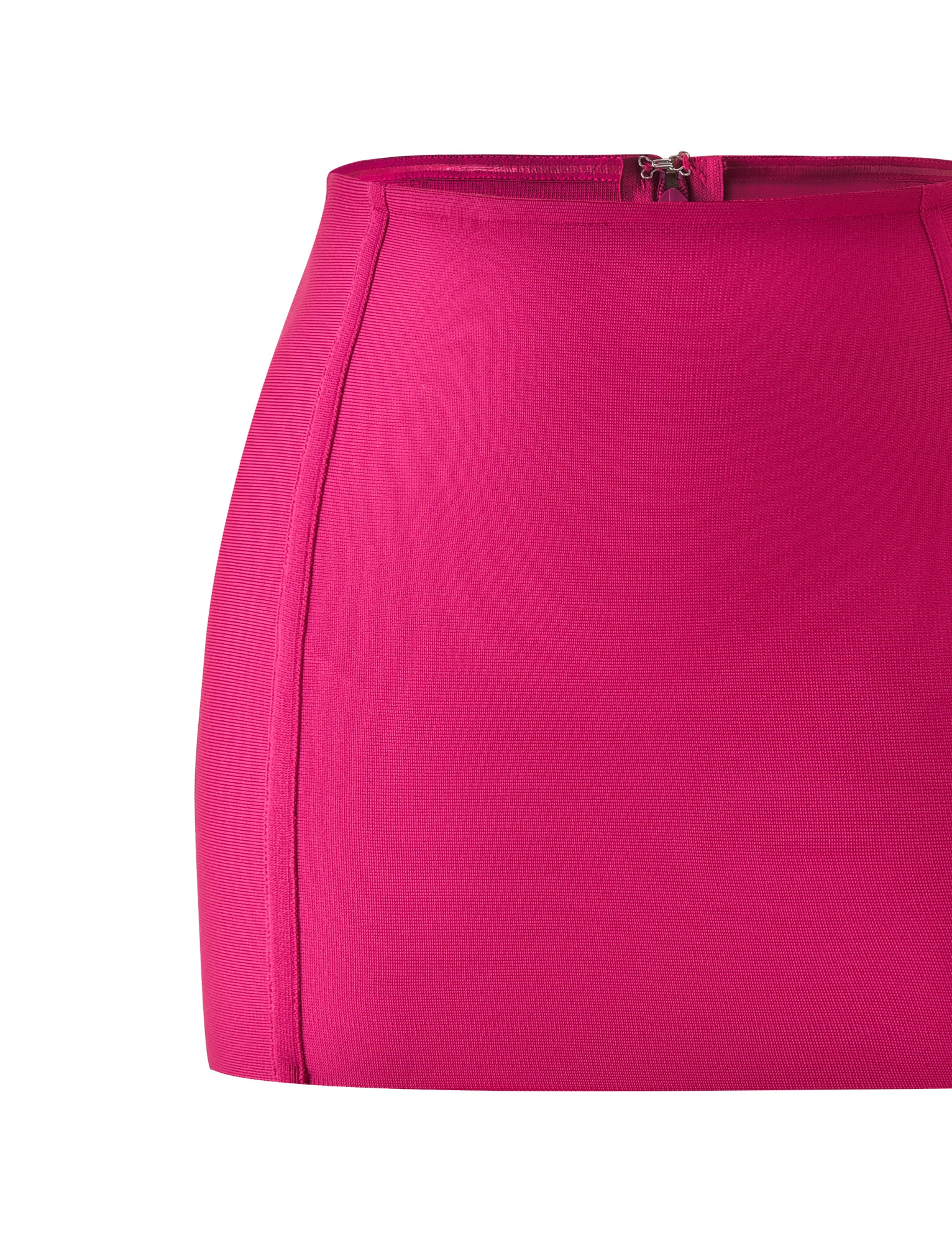 A close-up of the TIGERMIST EVA BANDAGE MINI SKIRT in magenta, featuring a bodycon fit and a visible back zipper, photographed against a plain white background.