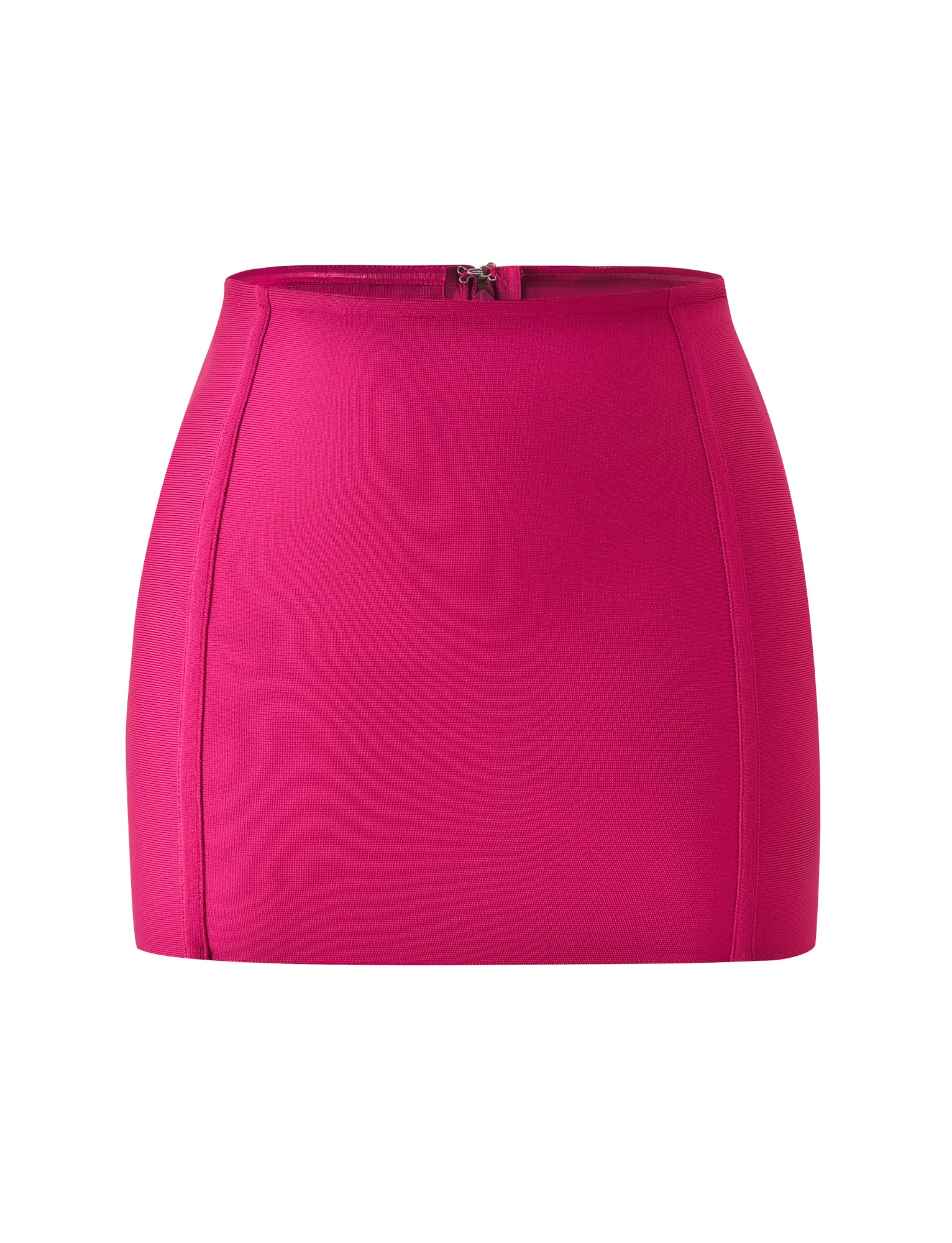 The EVA BANDAGE MINI SKIRT - MAGENTA by TIGERMIST is a vibrant magenta pink, high-waisted mini skirt with a bodycon fit, visible back zipper, and subtle seam detailing, shown against a white background—an effortless essential for cocktail hour.
