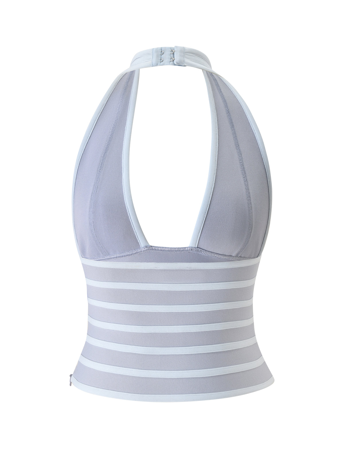 The BRIGIT BANDAGE TOP by TIGERMIST in dove grey showcases a halter neck design, bodycon fit, vertical bust seams, an open back, and horizontal white stripes on the lower half.