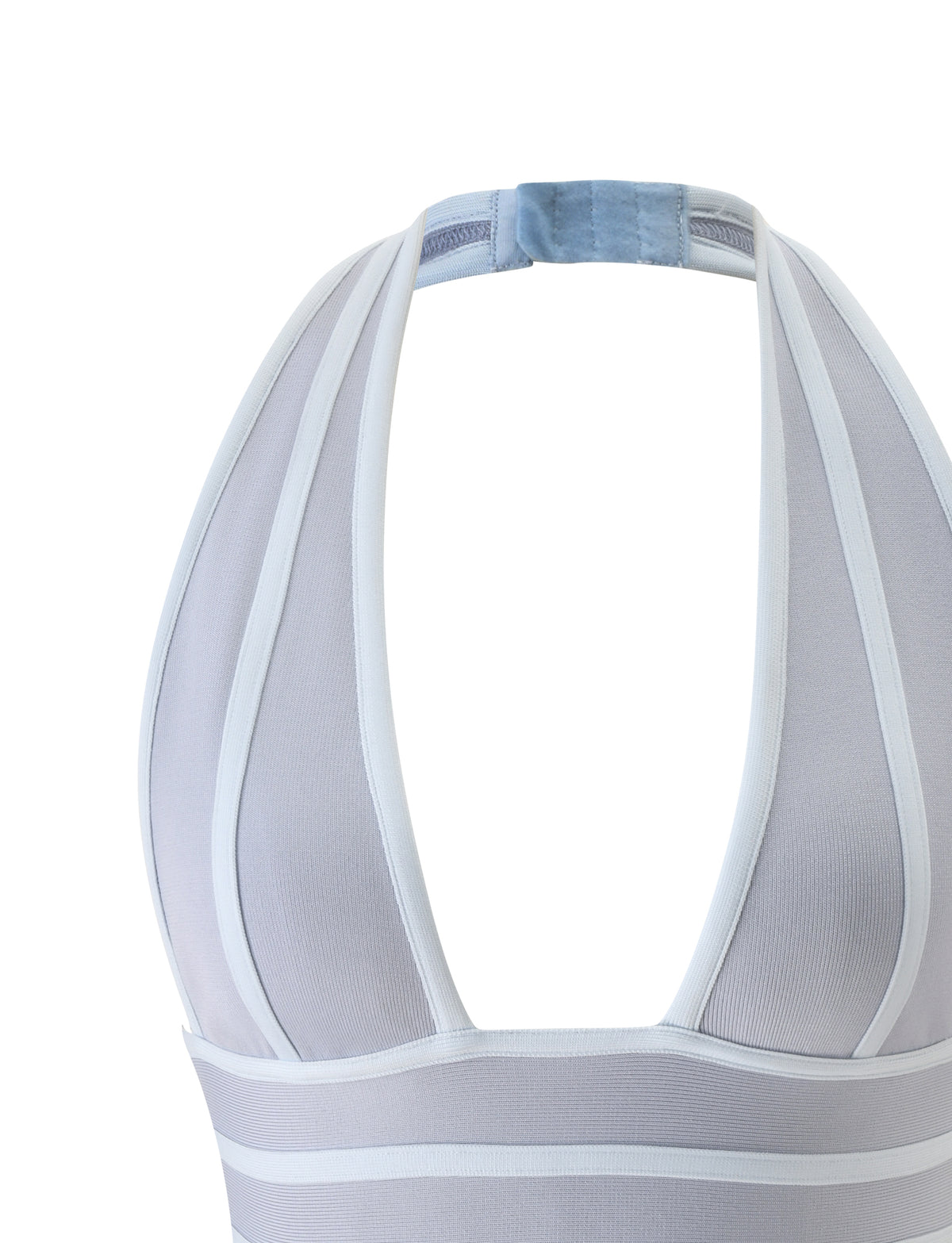 Close-up of the TIGERMIST BRIGIT BANDAGE TOP in dove grey, featuring a halter neckline with white trim. The image showcases the neckline, straps, and part of the chest area against a white background, accentuating the bodycon fit that highlights this top’s sleek silhouette.