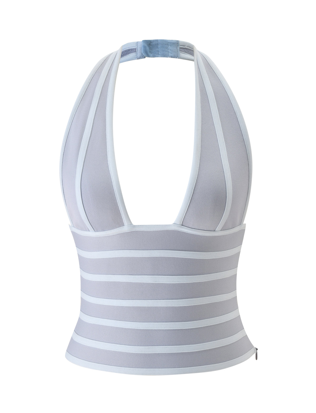 The BRIGIT BANDAGE TOP - DOVE GREY by TIGERMIST is a light blue and white halter neck top featuring vertical stripes on the bust, horizontal stripes on the torso, a deep V-neckline, bodycon fit, and a back neck closure.