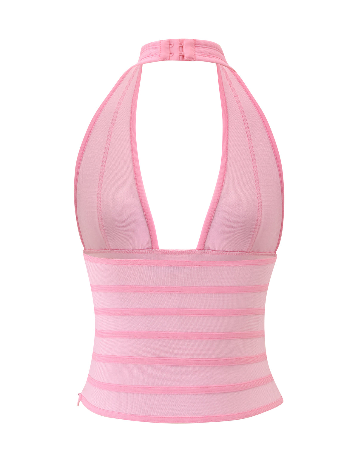 The BRIGIT BANDAGE TOP - PINK by TIGERMIST features a halter neckline, vertical stitching detail on the bust, and horizontal light pink stripes on the lower half, shown here from the back. Complete the chic and bodycon look by pairing it with the matching Brigit Bandage Skirt.