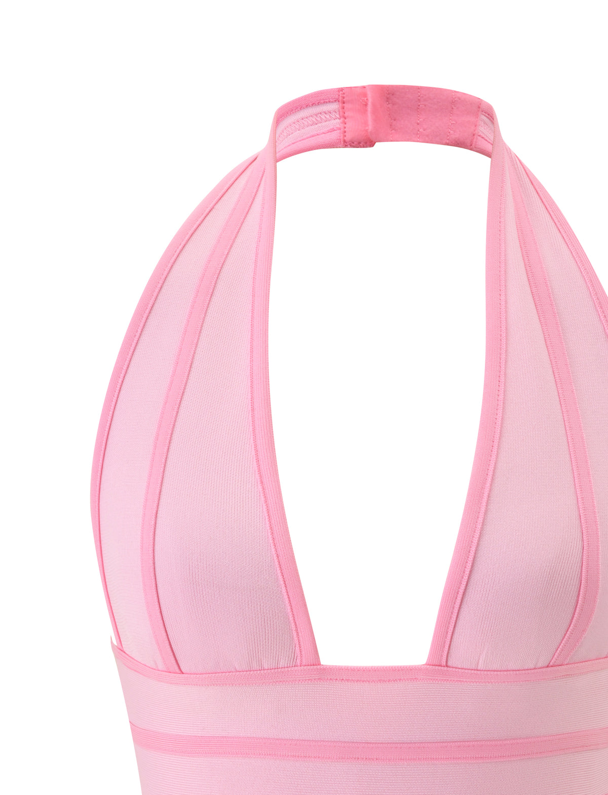 Close-up of the TIGERMIST BRIGIT BANDAGE TOP in pink, featuring a halter neckline, vertical panel detailing, and a ribbed fabric texture that creates a flattering bodycon fit. Perfectly pairs with the matching Brigit Bandage Skirt.