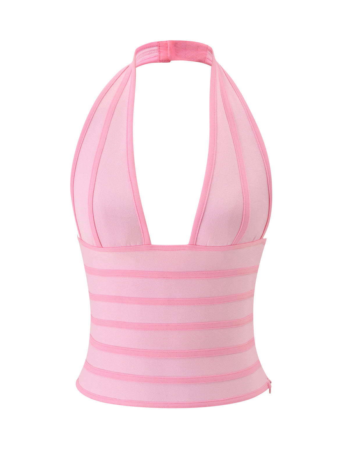 The BRIGIT BANDAGE TOP - PINK by TIGERMIST showcases a chic halter neck design with slender vertical straps over the bust and bold horizontal bands across the midsection, all in a form-flattering bodycon silhouette. Photographed against a plain white background, this versatile top pairs effortlessly with the matching Brigit Bandage Skirt for a perfectly coordinated ensemble.