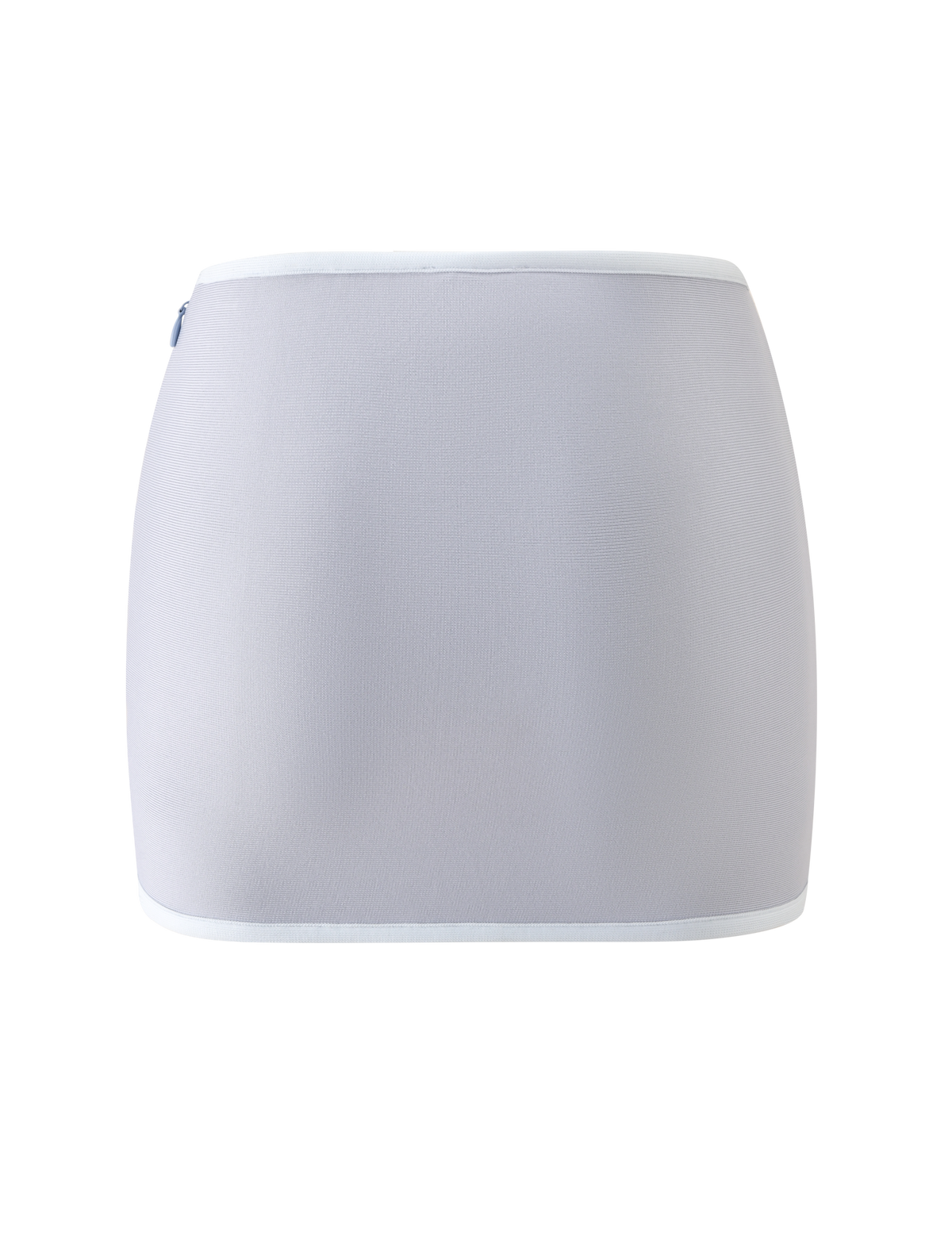 The BRIGIT BANDAGE MINI SKIRT by TIGERMIST is a dove grey, high-waisted bodycon mini skirt featuring white trim along the waistband and hem, shown against a plain white background.