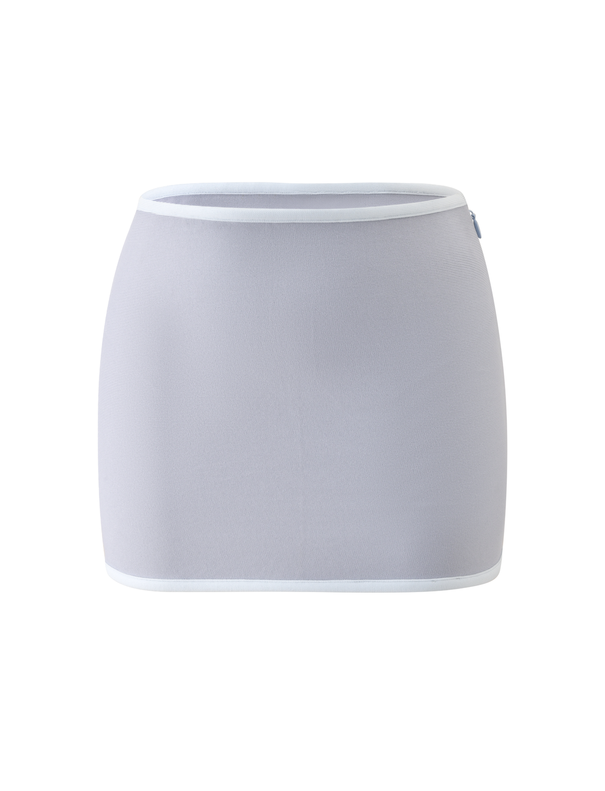 The BRIGIT BANDAGE MINI SKIRT by TIGERMIST in Dove Grey is a tube-shaped mini skirt featuring light gray bandage fabric and white trim along the top and bottom edges, shown against a plain white background.
