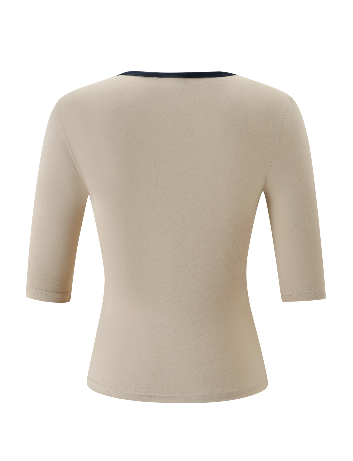 SHANICE TOP - SAND by TIGERMIST, shown from the back, features a bodycon fit with short sleeves and a contrasting navy v-neck collar trim. The smooth, stretchy material is displayed against a plain white background.