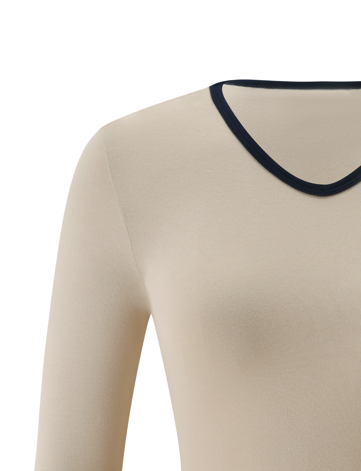 The SHANICE TOP - SAND by TIGERMIST is a beige long-sleeve top featuring a black round neckline and a flattering bodycon fit, displayed from the shoulders to the mid-torso against a plain white background.