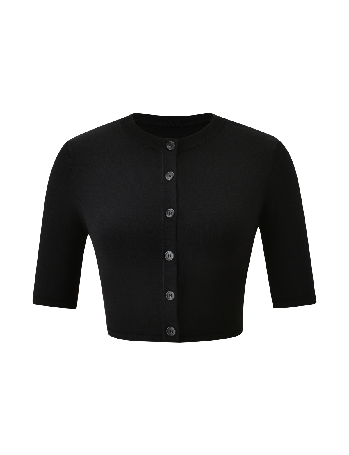 The ELSIE CARDIGAN - BLACK by TIGERMIST is a cropped, super soft knit cardigan with short sleeves, a round neckline, and elegant faux shell buttons down the front—shown against a plain white background.