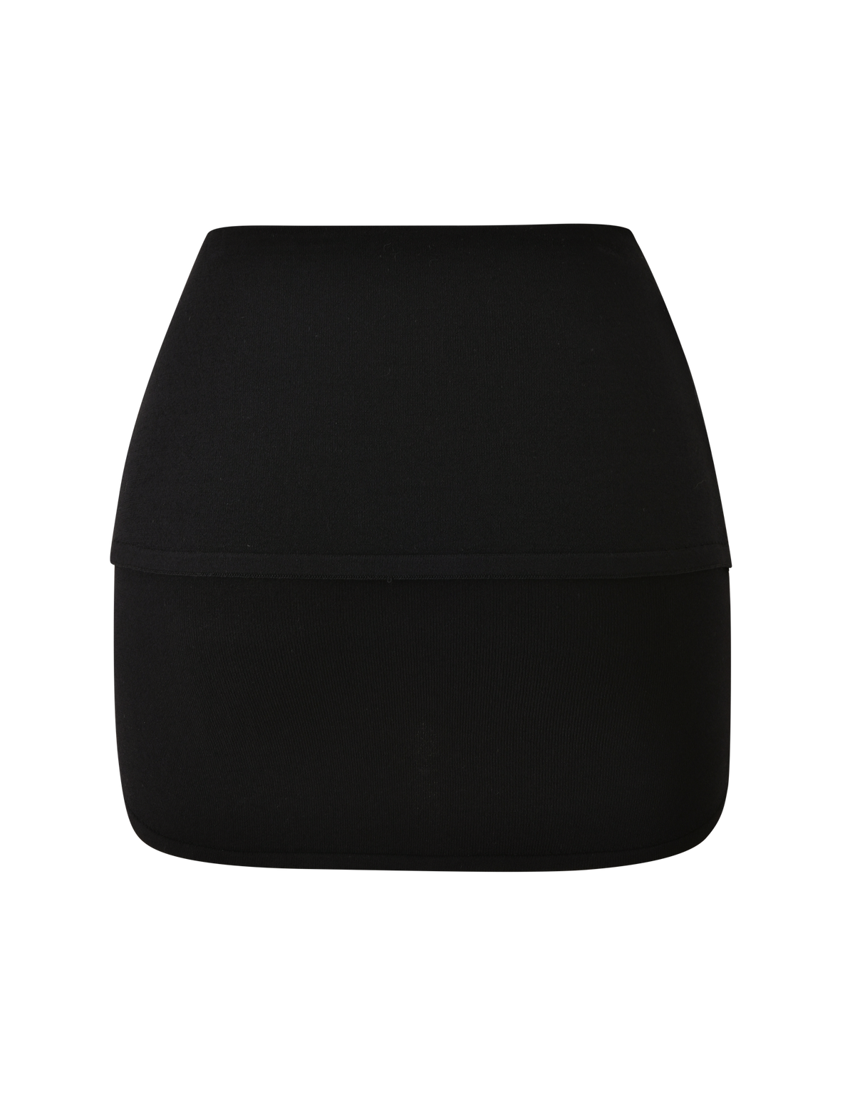 The ELSIE MINI SKIRT - BLACK by TIGERMIST is a high-waisted, plain black mini skirt showcasing a fully fashioned knit design and a sleek foldover waistband, displayed against a white background.