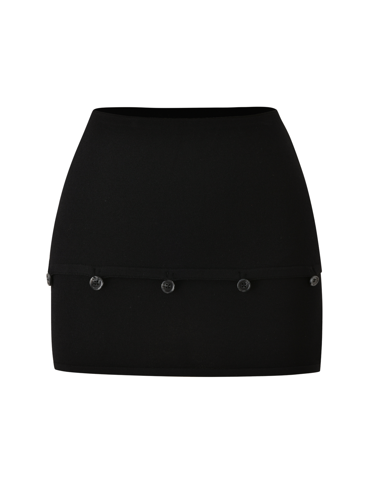 Introducing the ELSIE MINI SKIRT - BLACK by TIGERMIST—a simple, fitted black mini skirt featuring a sleek foldover waistband and a row of decorative buttons along a horizontal seam near the hem for added style.