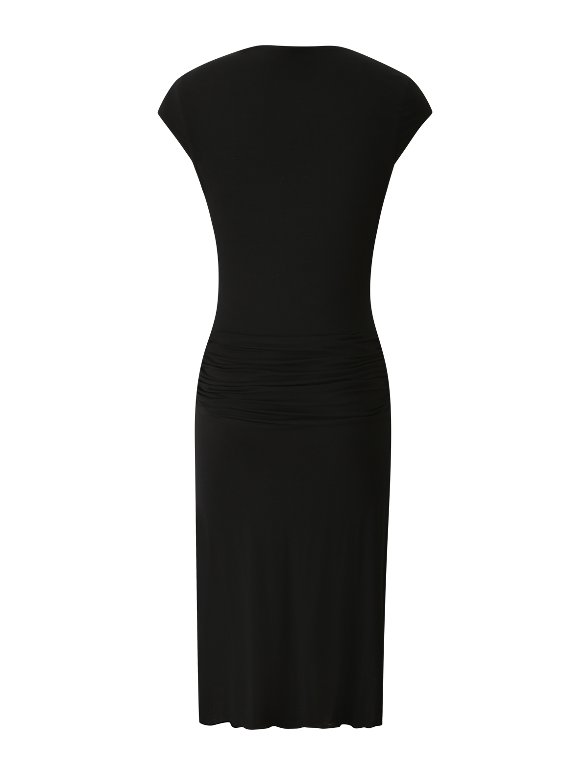 The ARIELLA PLUNGE MIDI DRESS by TIGERMIST is a black, short-sleeved, knee-length evening cocktail dress seen from the back, featuring a fitted waist with subtle gathering and crafted from smooth, buttery jersey fabric.