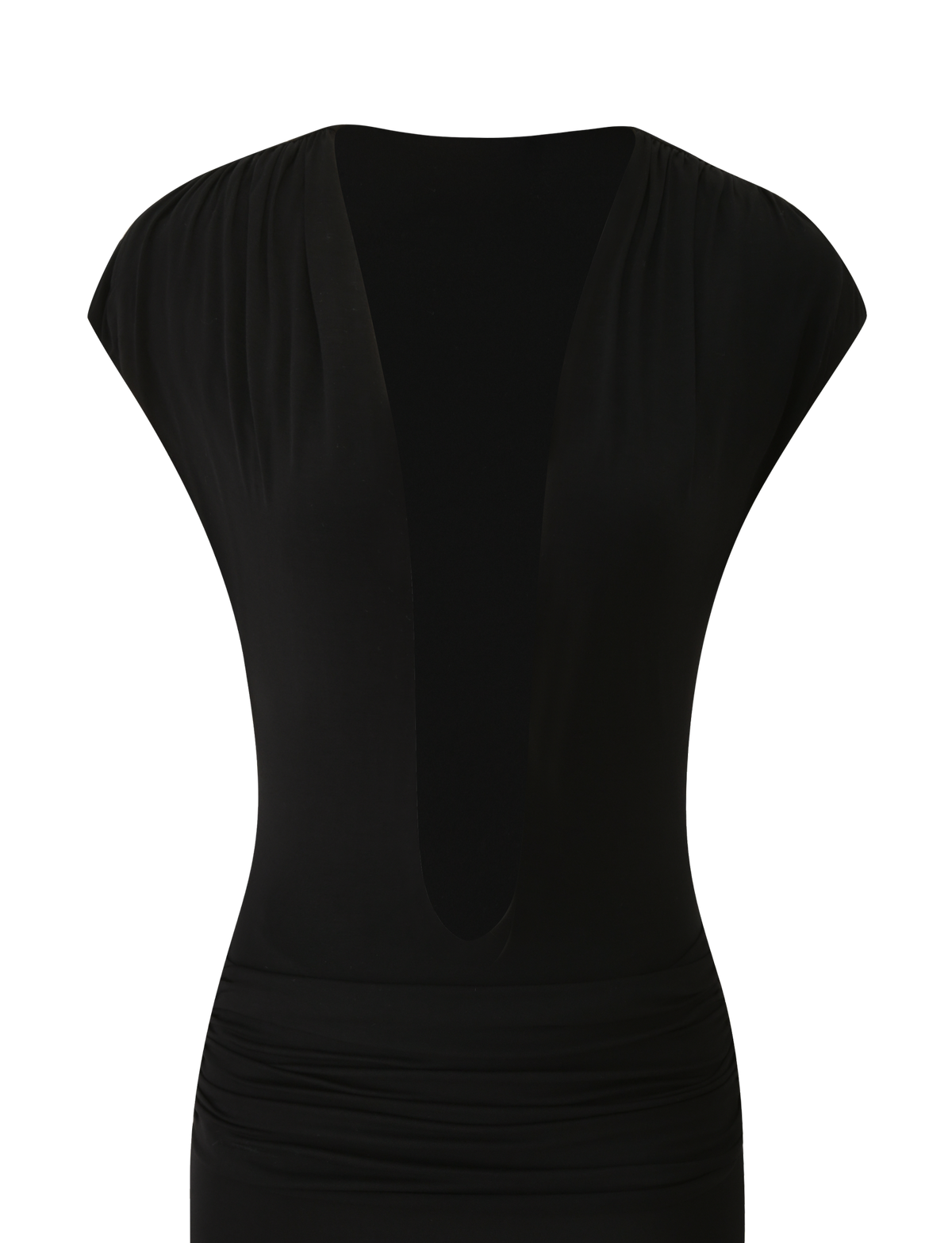 The ARIELLA PLUNGE MIDI DRESS by TIGERMIST features a black design with cap sleeves, a deep plunging V-neckline, and gathered detail at the waist. Crafted from buttery jersey fabric, this evening cocktail dress offers a smooth, fitted look that creates a sleek and elegant silhouette against a white background.