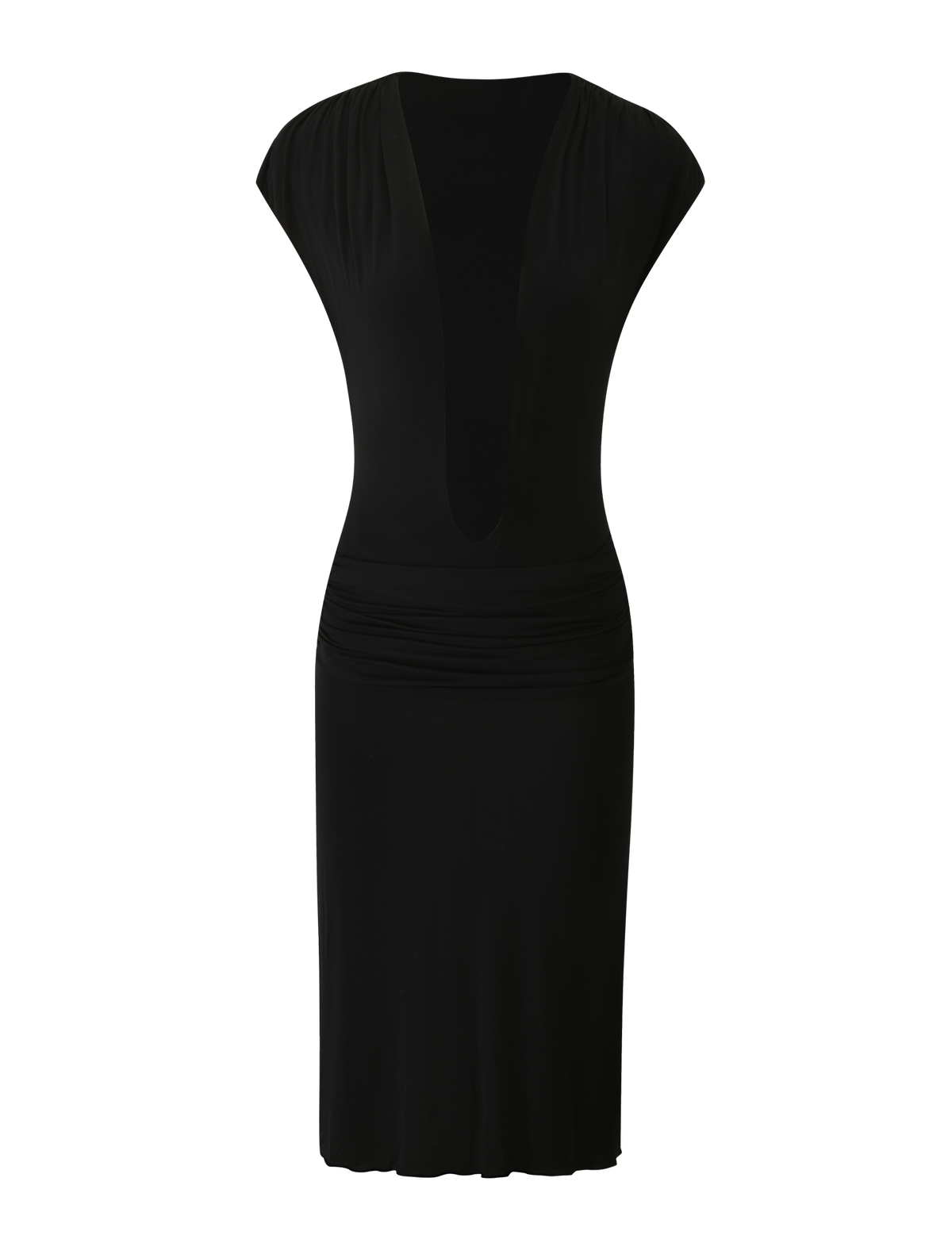 The ARIELLA PLUNGE MIDI DRESS by TIGERMIST features a sleeveless black design with a deep V-neckline, gathered buttery jersey fabric at the waist, and a knee-length hem—an effortlessly elegant evening cocktail dress displayed on a plain white background.