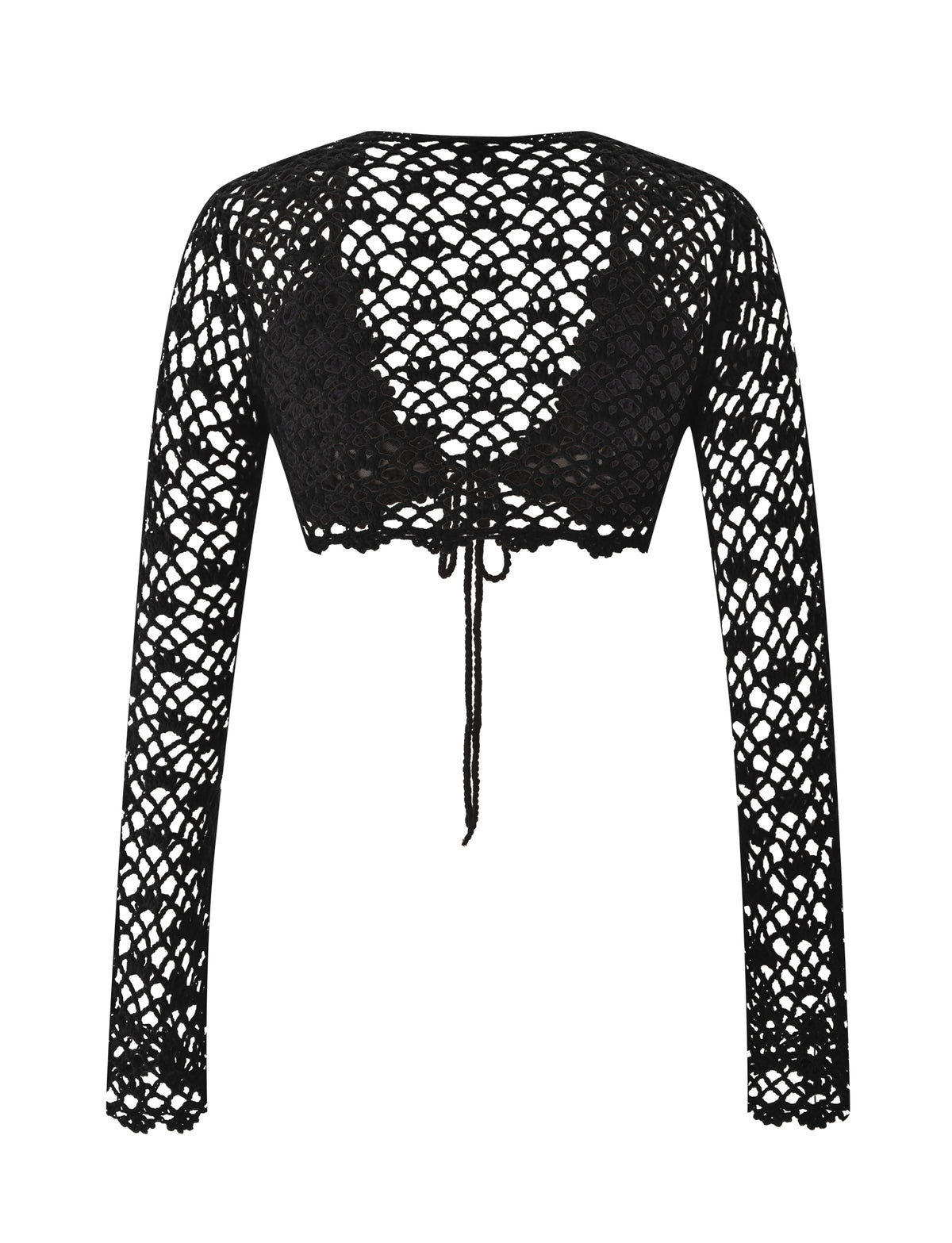 The SASHA CROCHET LONG SLEEVE TOP - BLACK by TIGERMIST features a fishnet-style open crochet pattern, tie-front closure, and scalloped sleeve edges—making it the perfect black crochet crop top for your next festival.