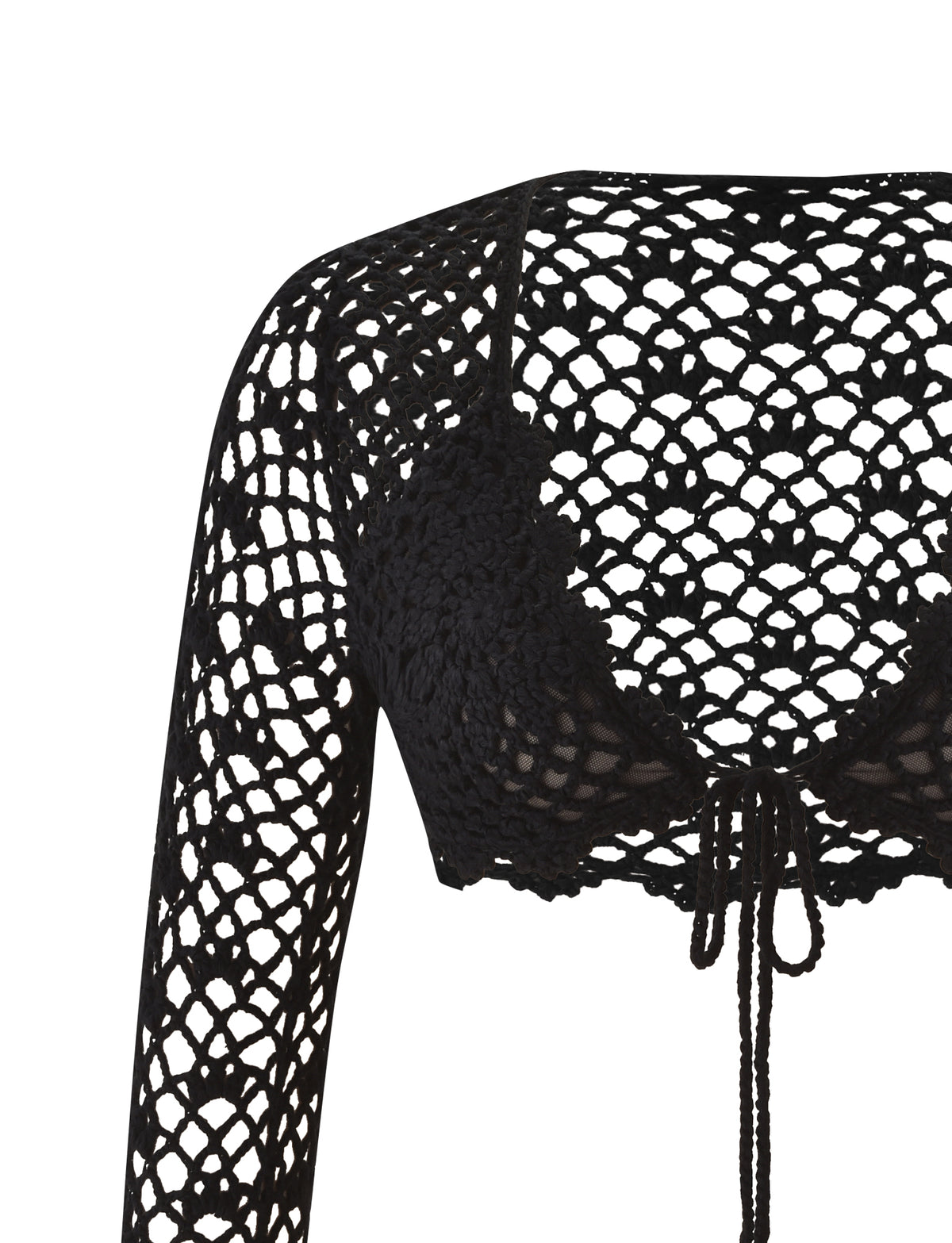 Close-up of the SASHA CROCHET LONG SLEEVE TOP by TIGERMIST in black, showcasing its long sleeves, tie-front detail, and mesh-inspired crochet pattern—an ideal festival top that reveals part of the chest and one arm.