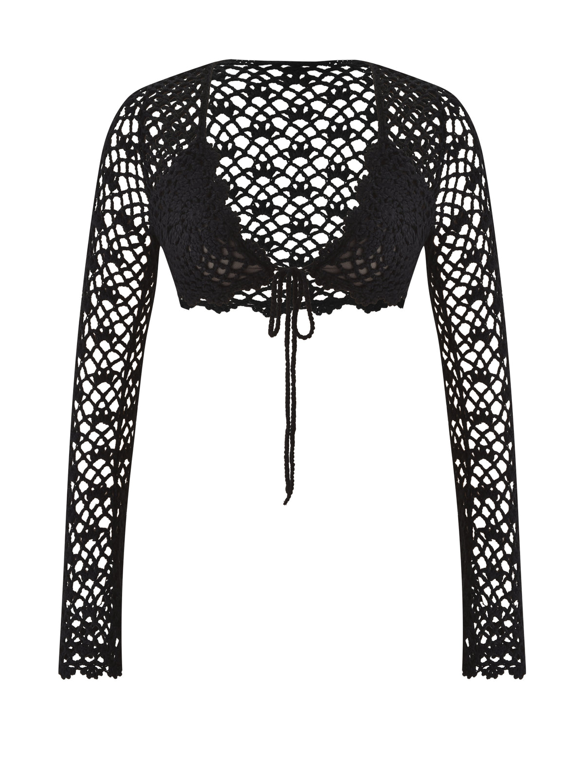 The SASHA CROCHET LONG SLEEVE TOP in black by TIGERMIST features a long-sleeve bolero design with an open lattice crochet pattern and a front tie closure. Displayed against a plain white background, this top is perfect as a festival-ready crochet piece or as a chic layering option.