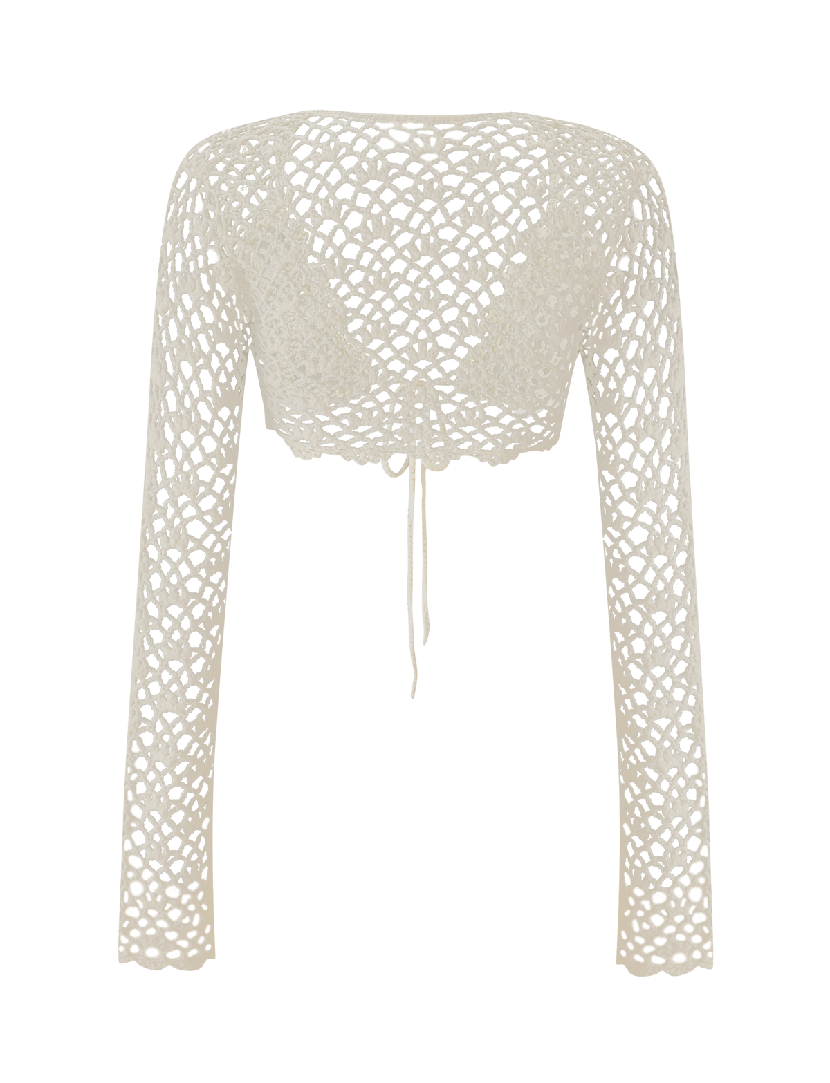 The SASHA CROCHET LONG SLEEVE TOP - CREAM by TIGERMIST features long sleeves, delicate lace details, and a tie-back design. This cream-colored crop top is perfect for festivals and is shown on a white background.